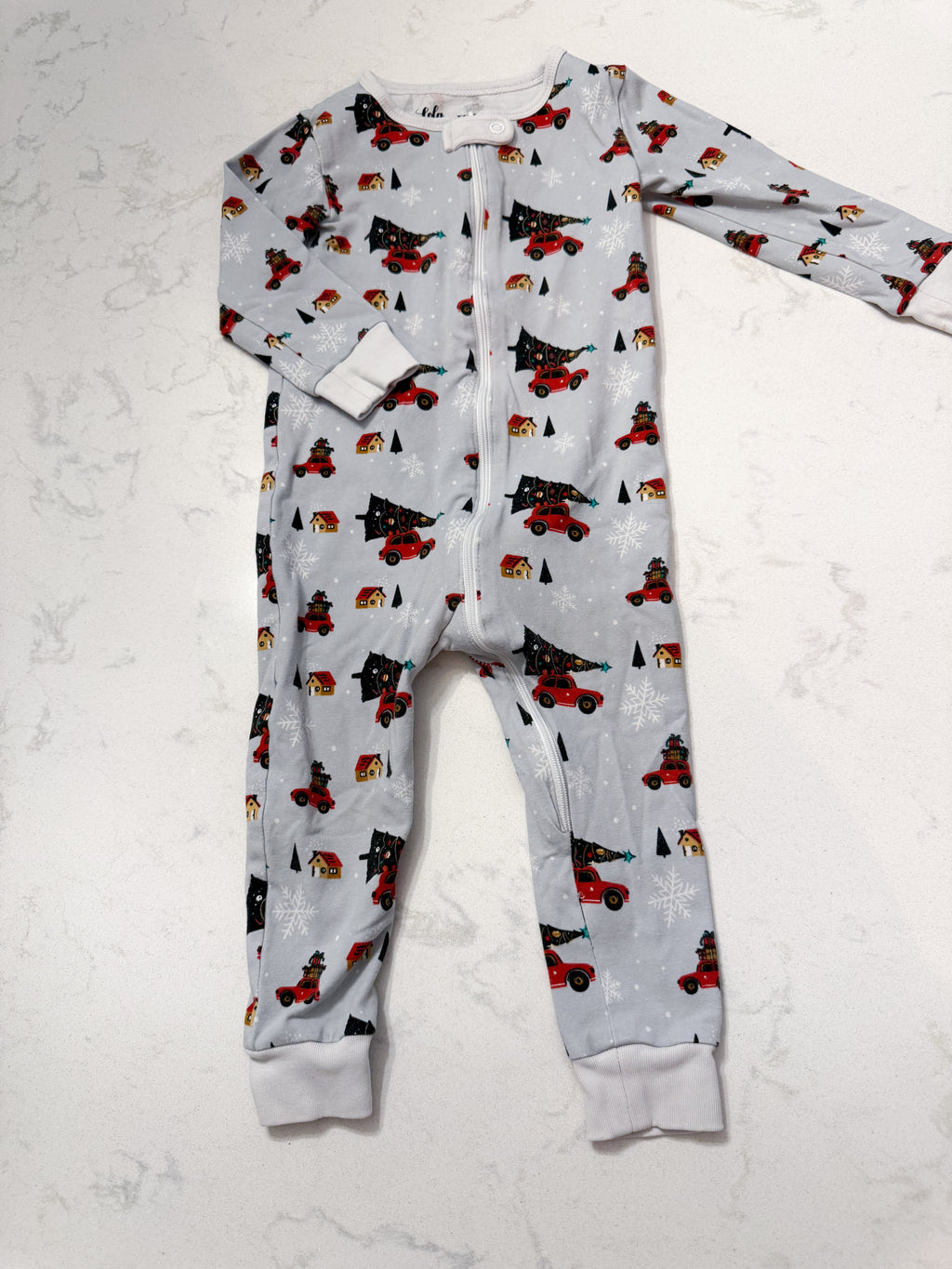 Lola and Taylor- 18-24m- PLAY- light grey zip up jammies with cars and Christmas trees