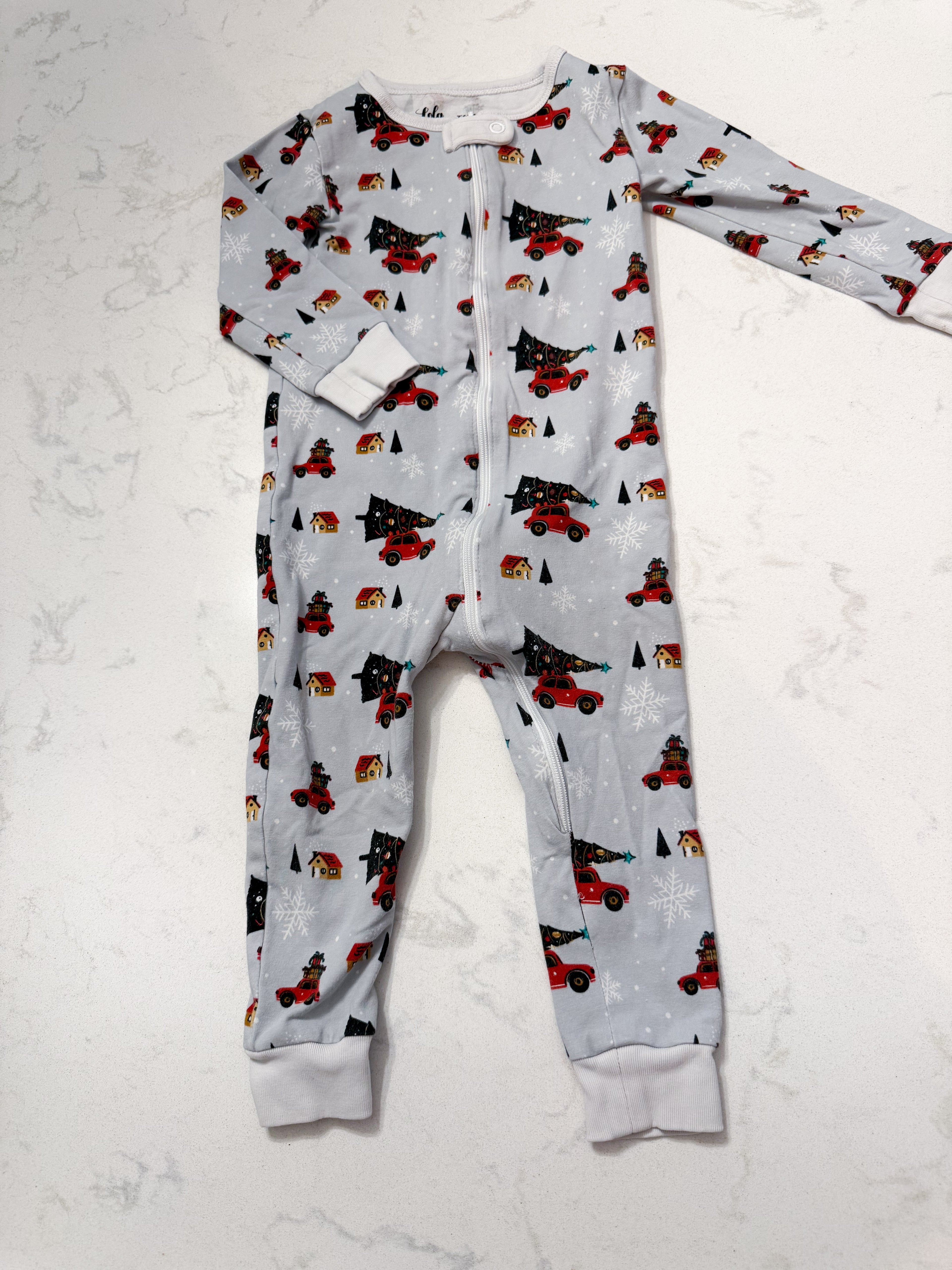 Lola and Taylor- 18-24m- PLAY- light grey zip up jammies with cars and Christmas trees