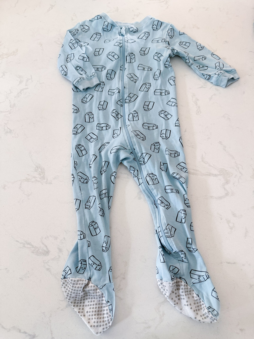 George- 18-24m- GUC- light blue footie Jammies with milk cartons all over