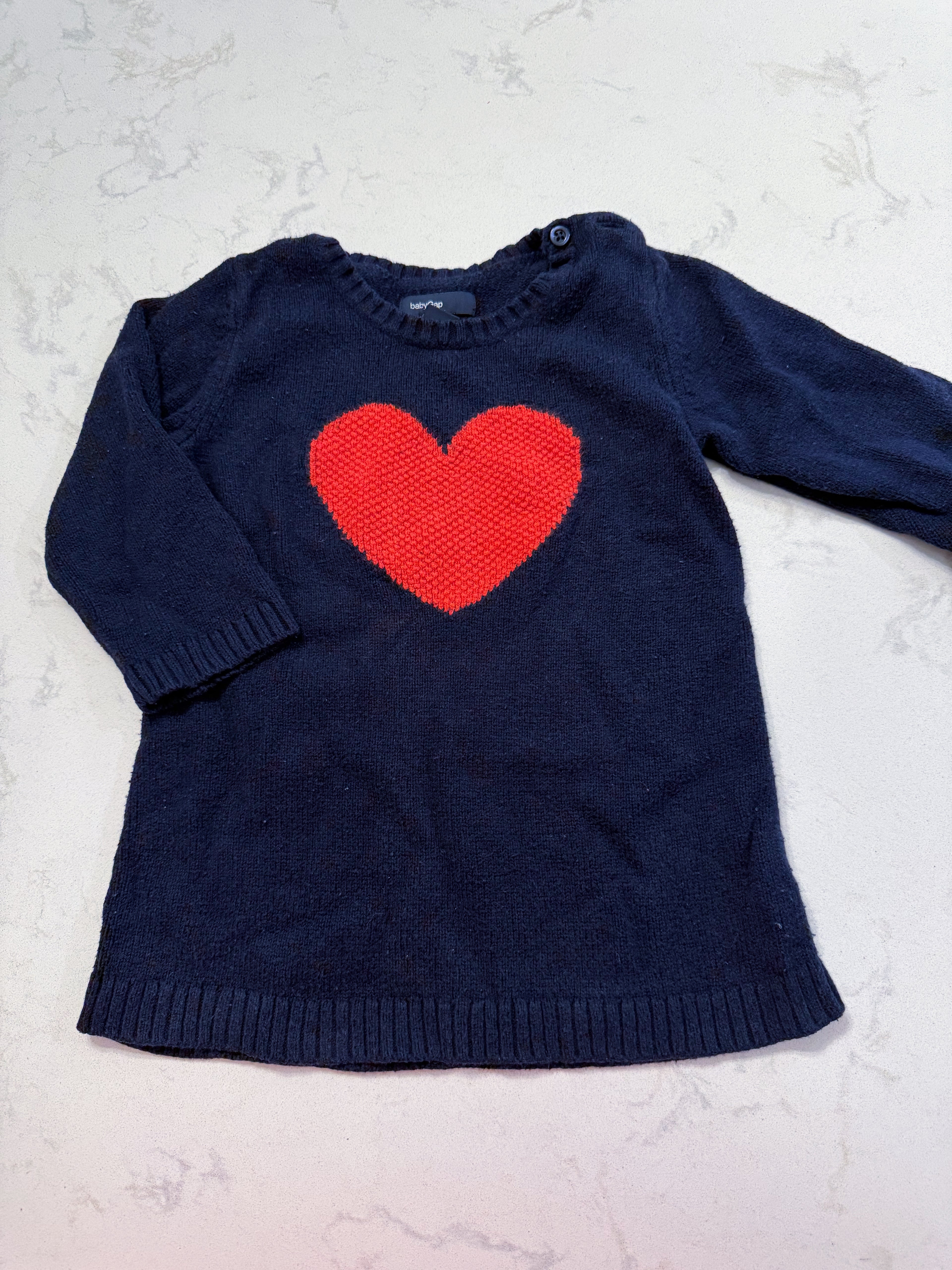 Baby Gap- 18-24m- PLAY- navy blue knit sweater dress with red heart