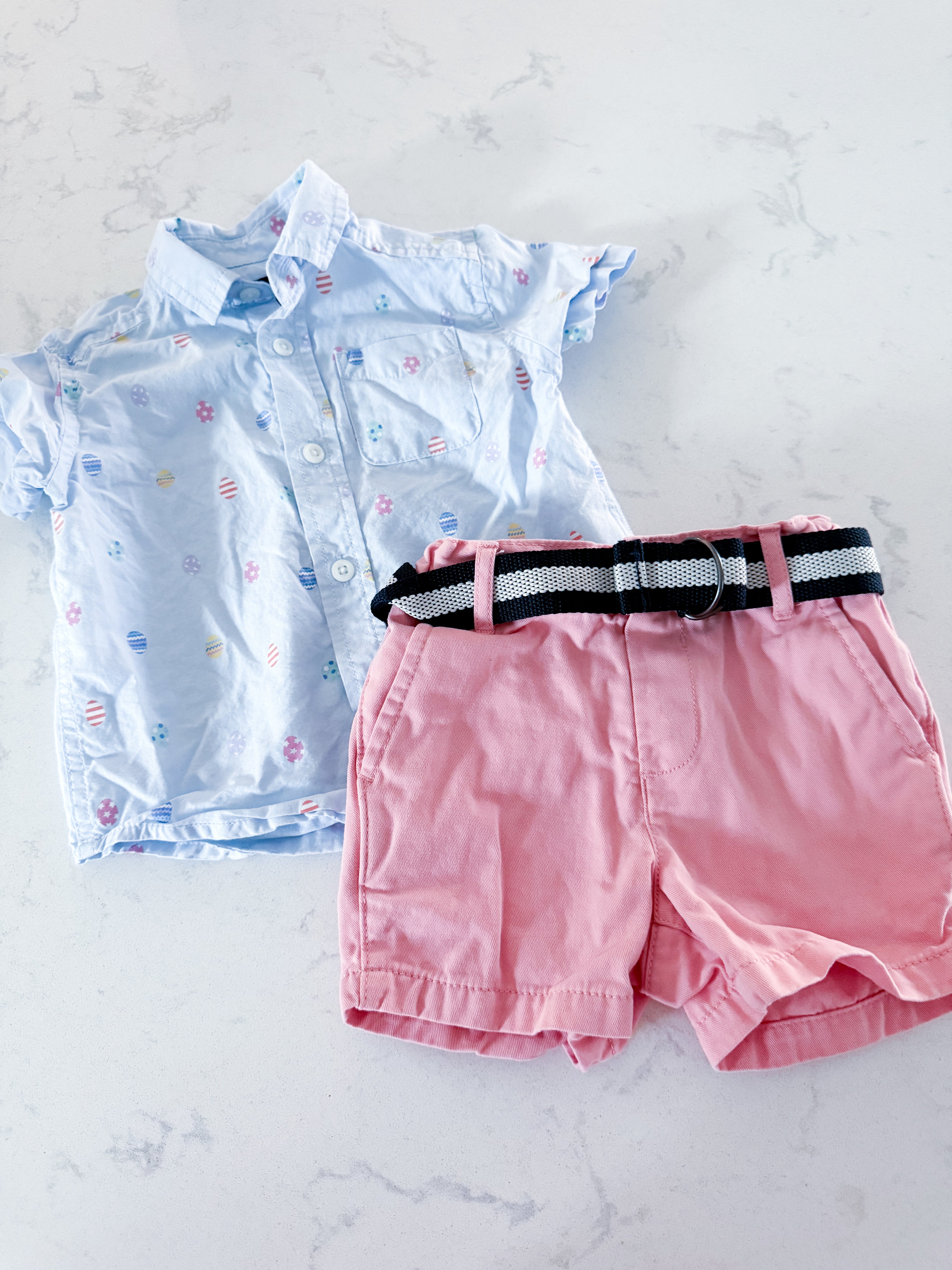 The Children’s Place- 12-18m- VGUC- two piece Easter set with egg dress shirt and pink shorts
