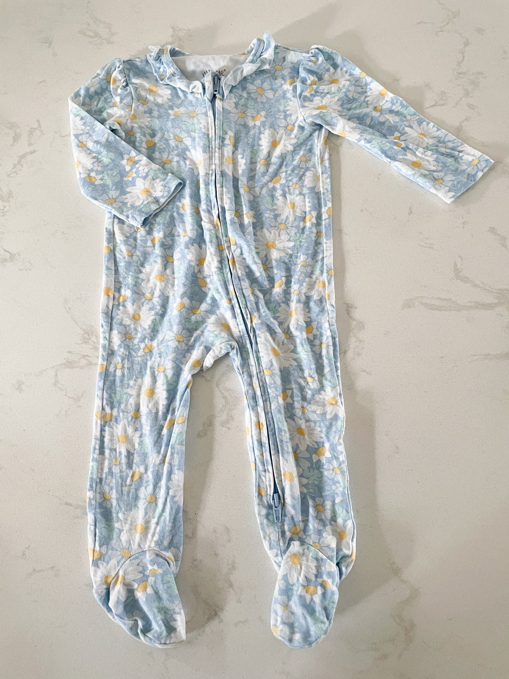 Little Me- 6 months- ice blue bamboo footie pajamas with daisies and ruffles