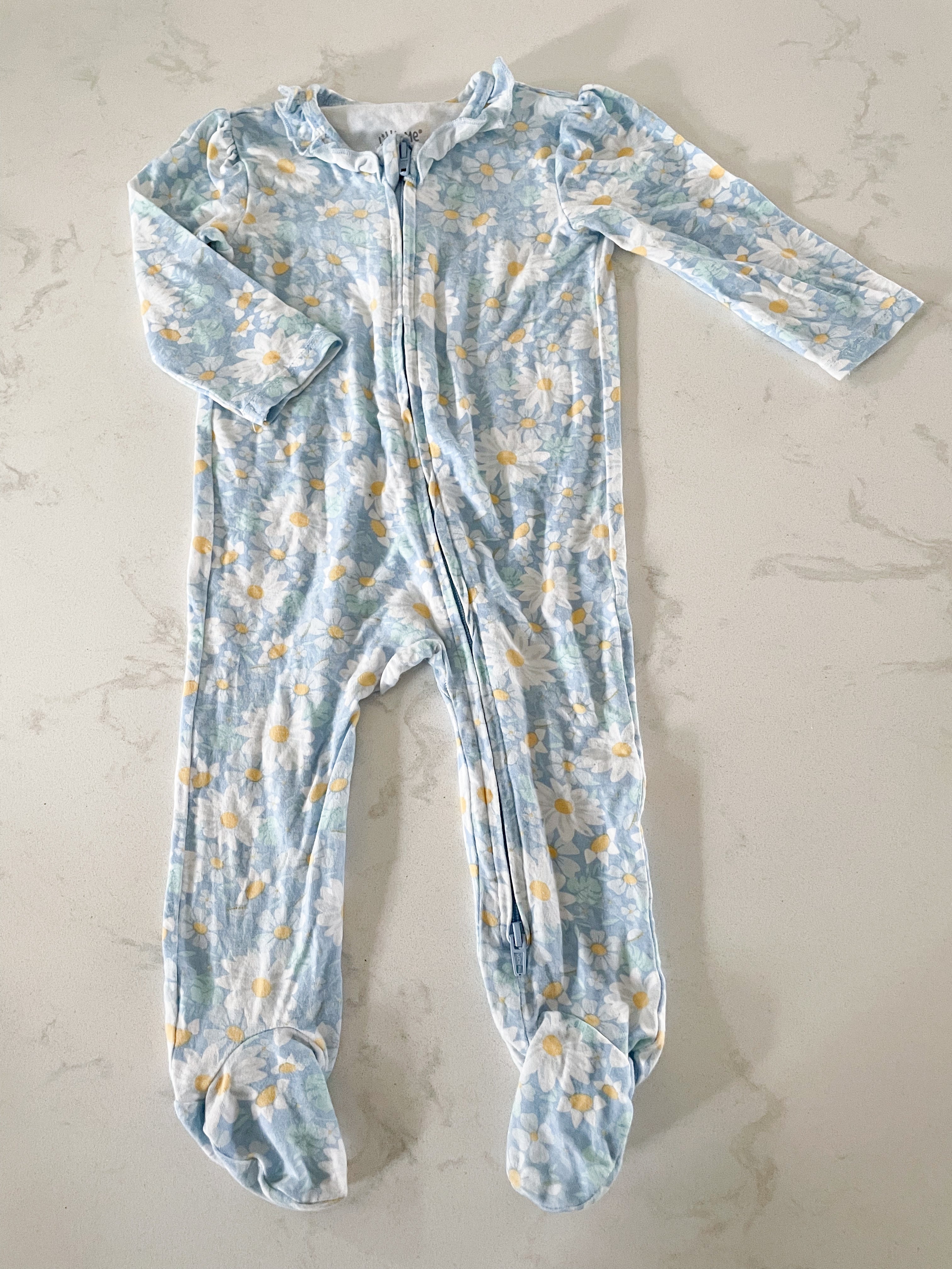 Little Me- 6 months- ice blue bamboo footie pajamas with daisies and ruffles