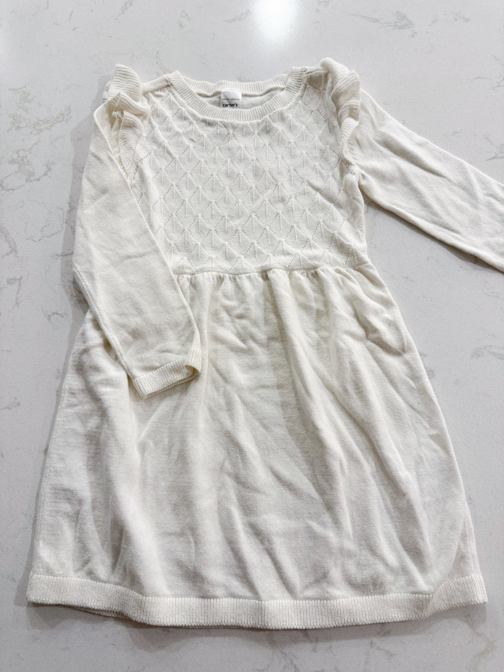 Carter’s- 3T- VGUC- White knit long sleeve dress with ruffles