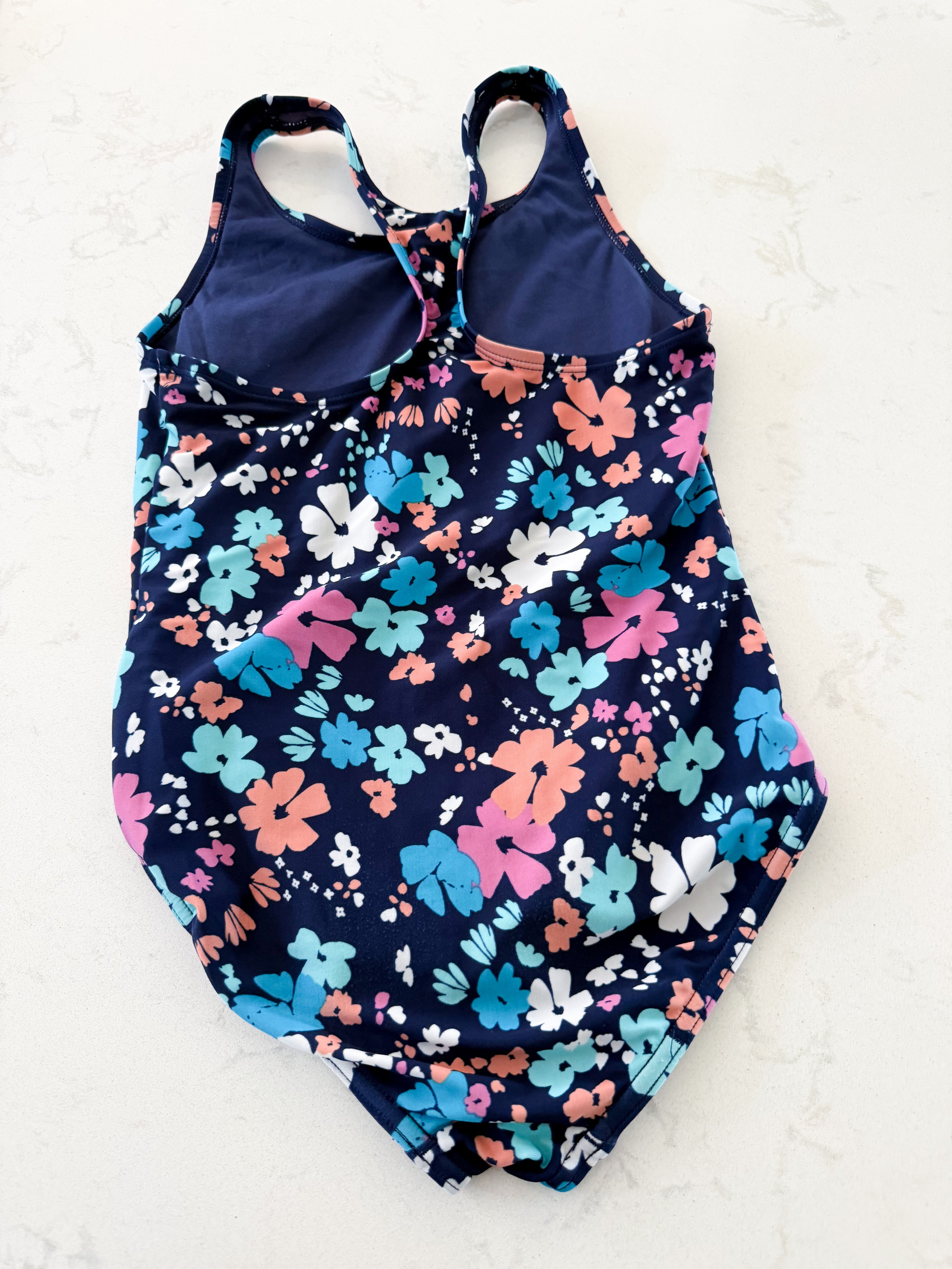Speedo- 14Y- VGUC- navy blue swim suit with pink orange and blue florals