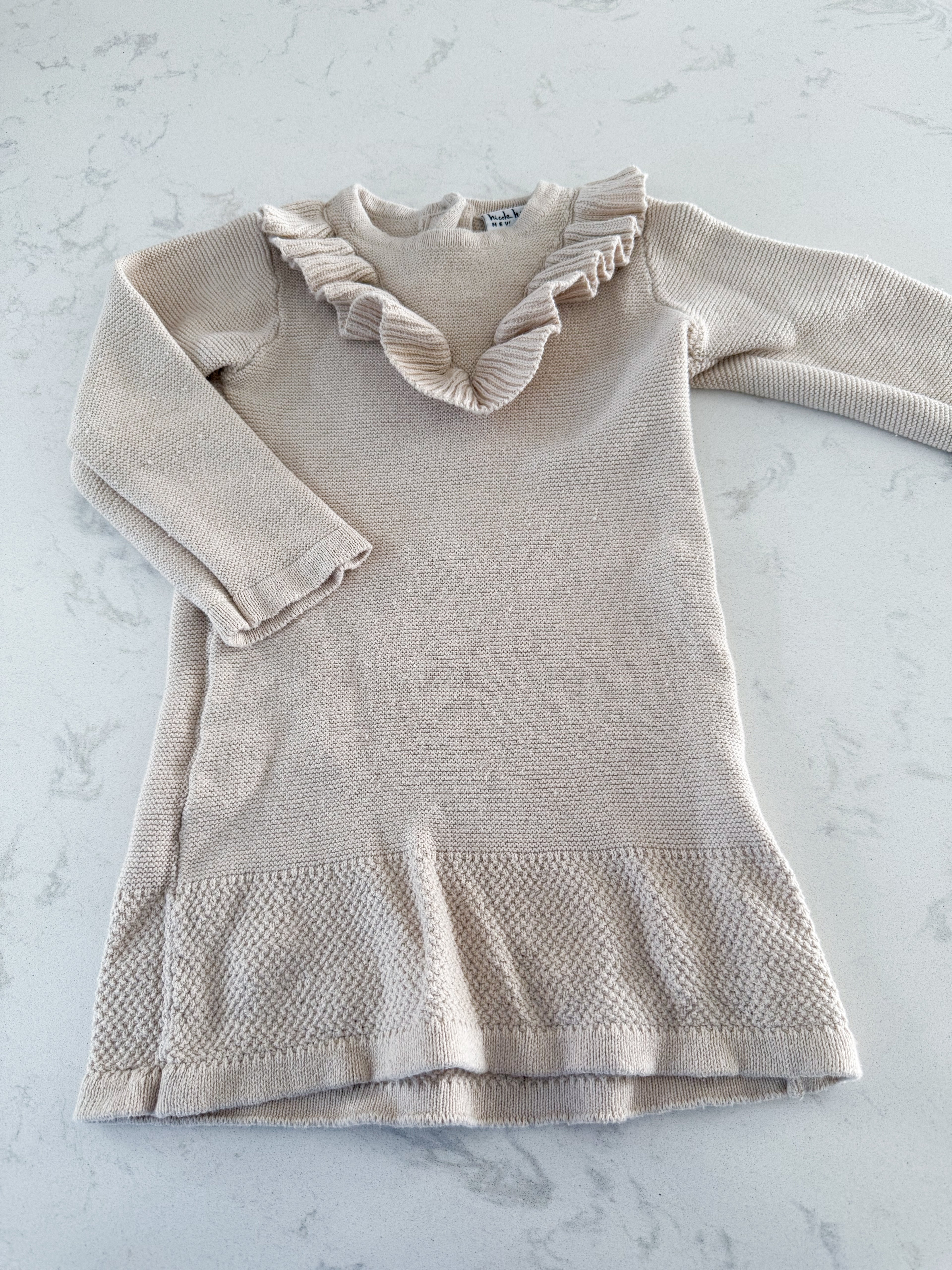 Nicole Miller- 4T- GUC- beige knit dress with ruffle