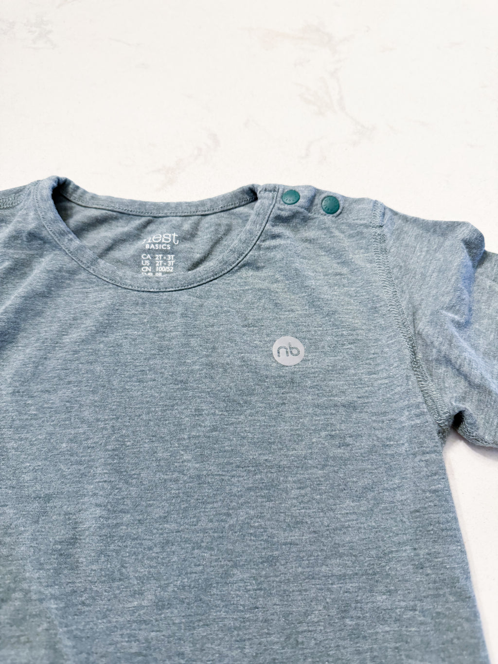 Nest- 2/3T- VGUC- bamboo long sleeve light green shirt with grey metallic logo.