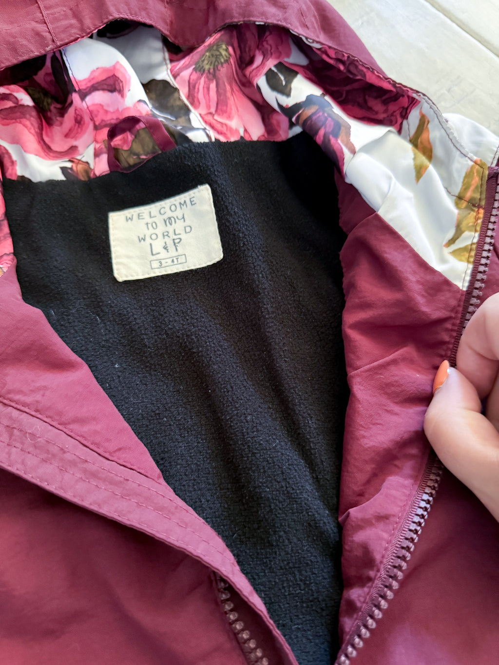 L&P Apparel- 3-4T- PLAY- burgundy jacket with floral pattern and fleece lining
