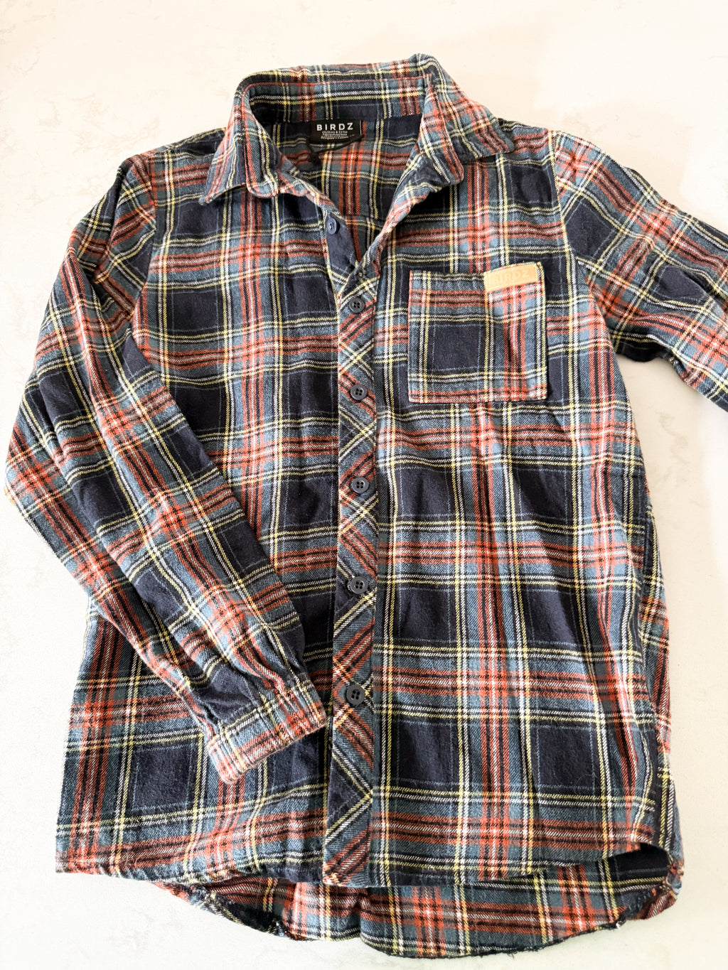 Birdz- 12Y- BNWOT- button up orange yellow navy plaid shirt