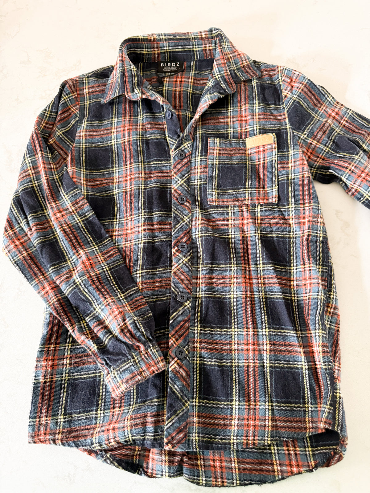 Birdz- 12Y- BNWOT- button up orange yellow navy plaid shirt