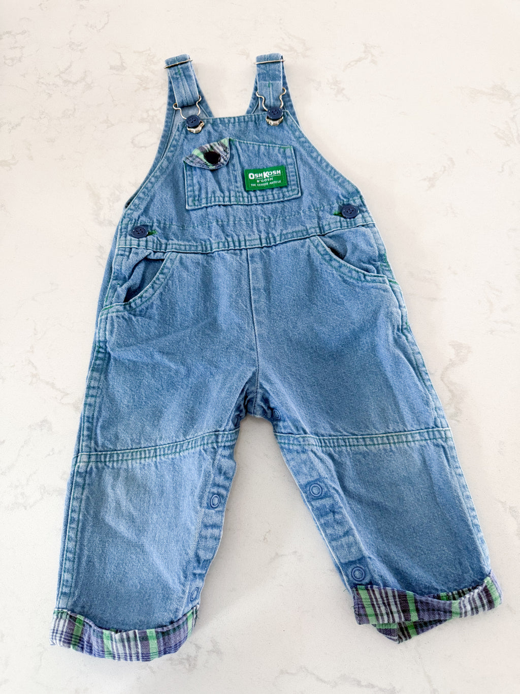 Oshkosh (early 90s)- 12m- VGUC- jean vintage Oshkosh overalls with green accents