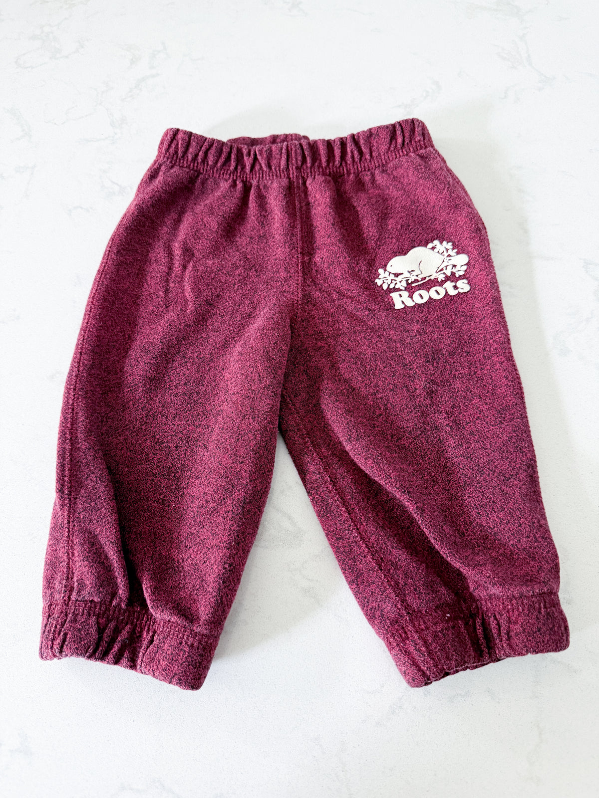 Roots- 6-12m- VGUC- burgundy sweatpants with white Roots logo