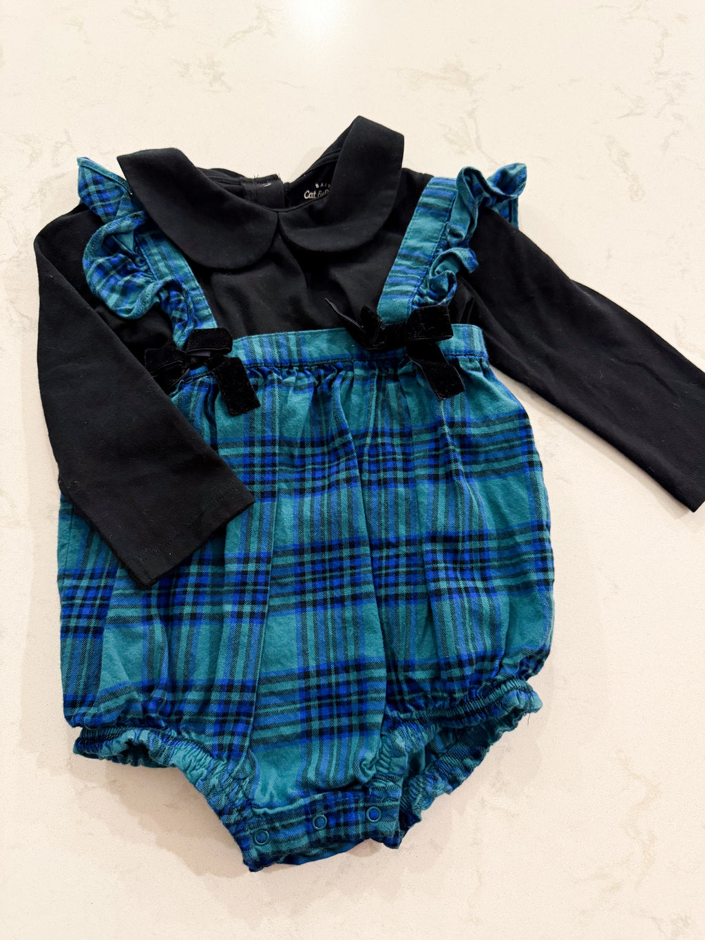 Cat and Jack- 18m- VGUC- green plaid bubble romper with black bodysuit