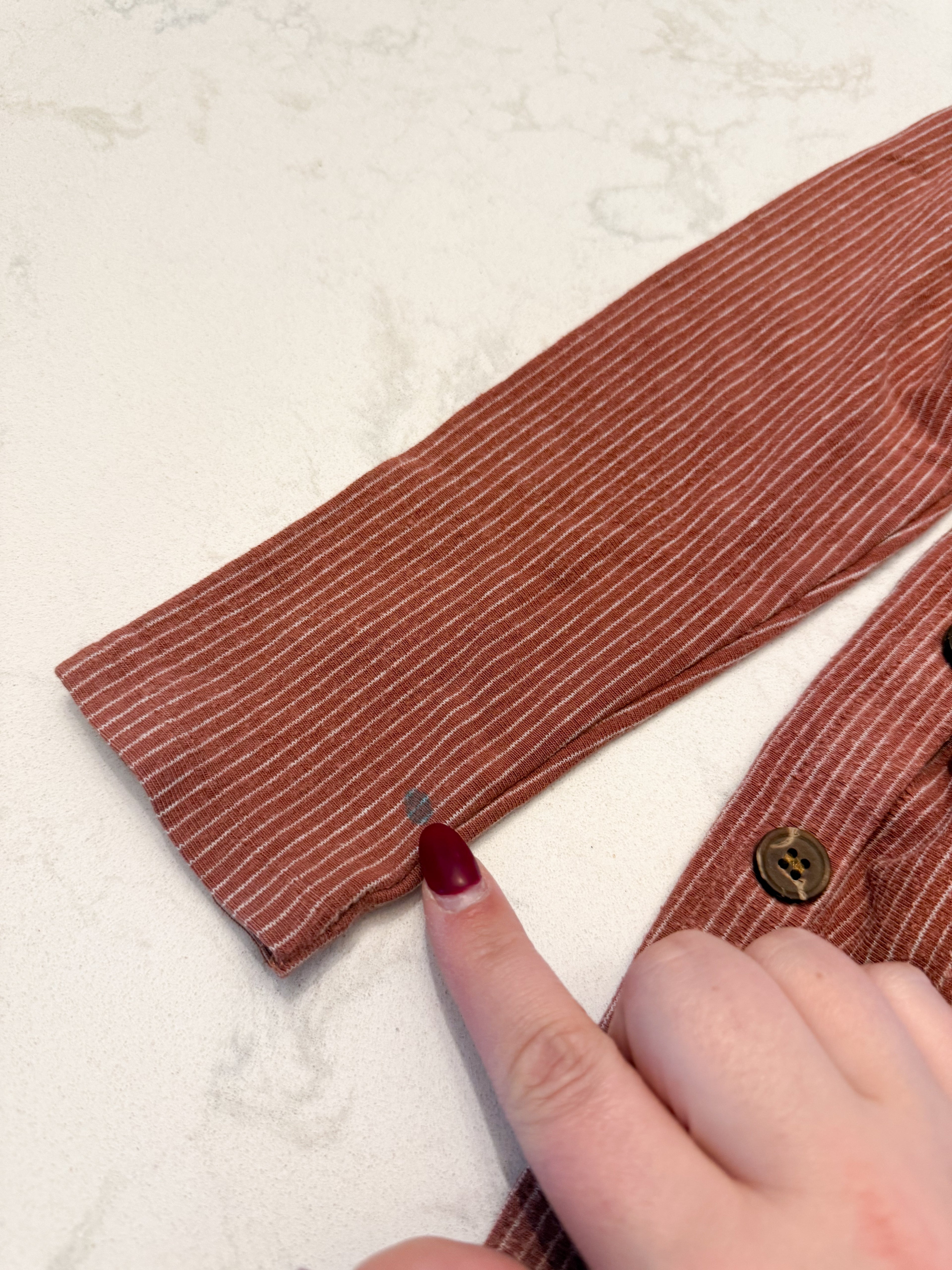 Vignette- 5Y- PLAY- pinkish brown long sleeve dress with thin white stripes