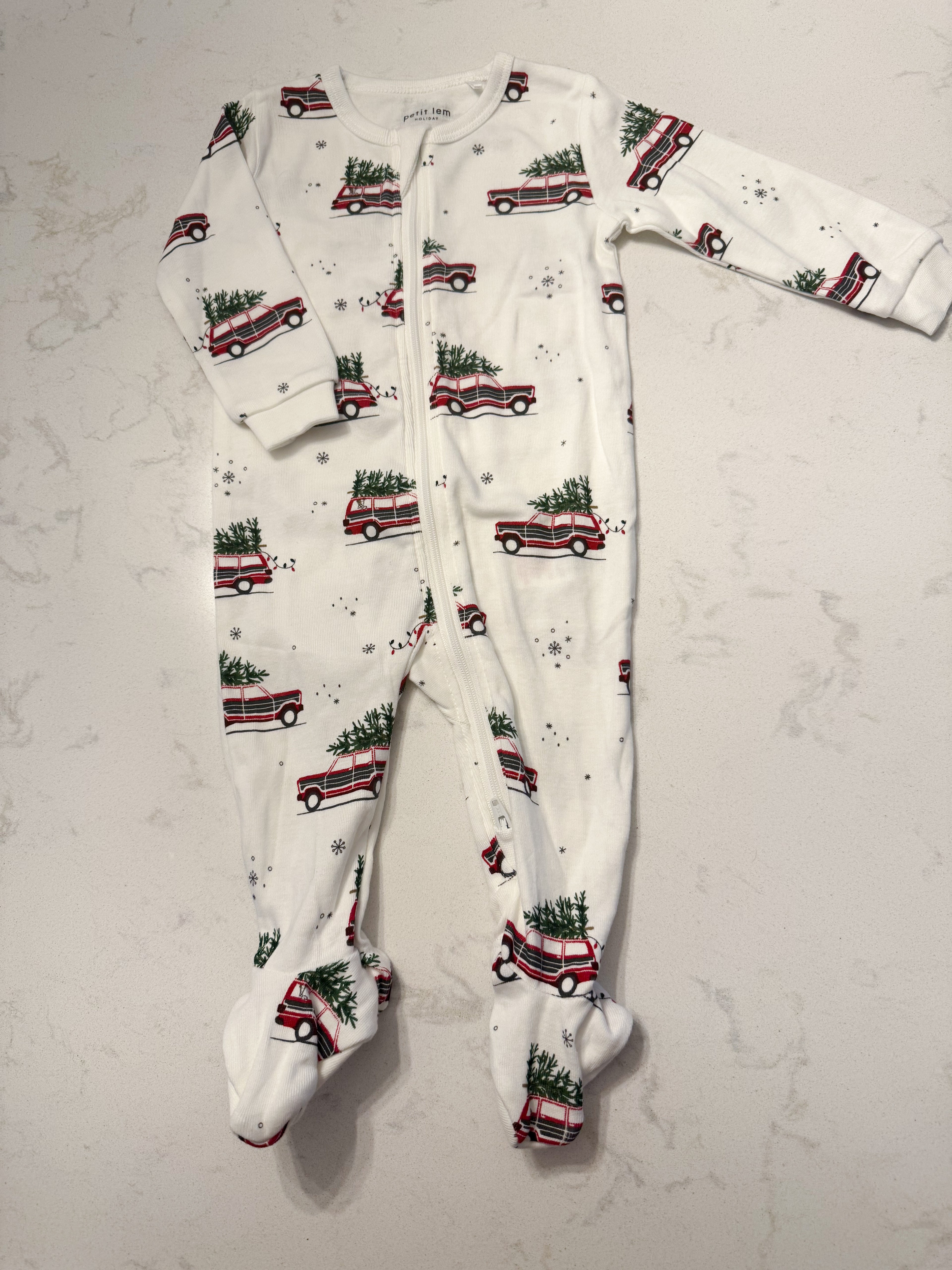Petit lem- 6m- VGUC- white footie pajamas with cars and trees
