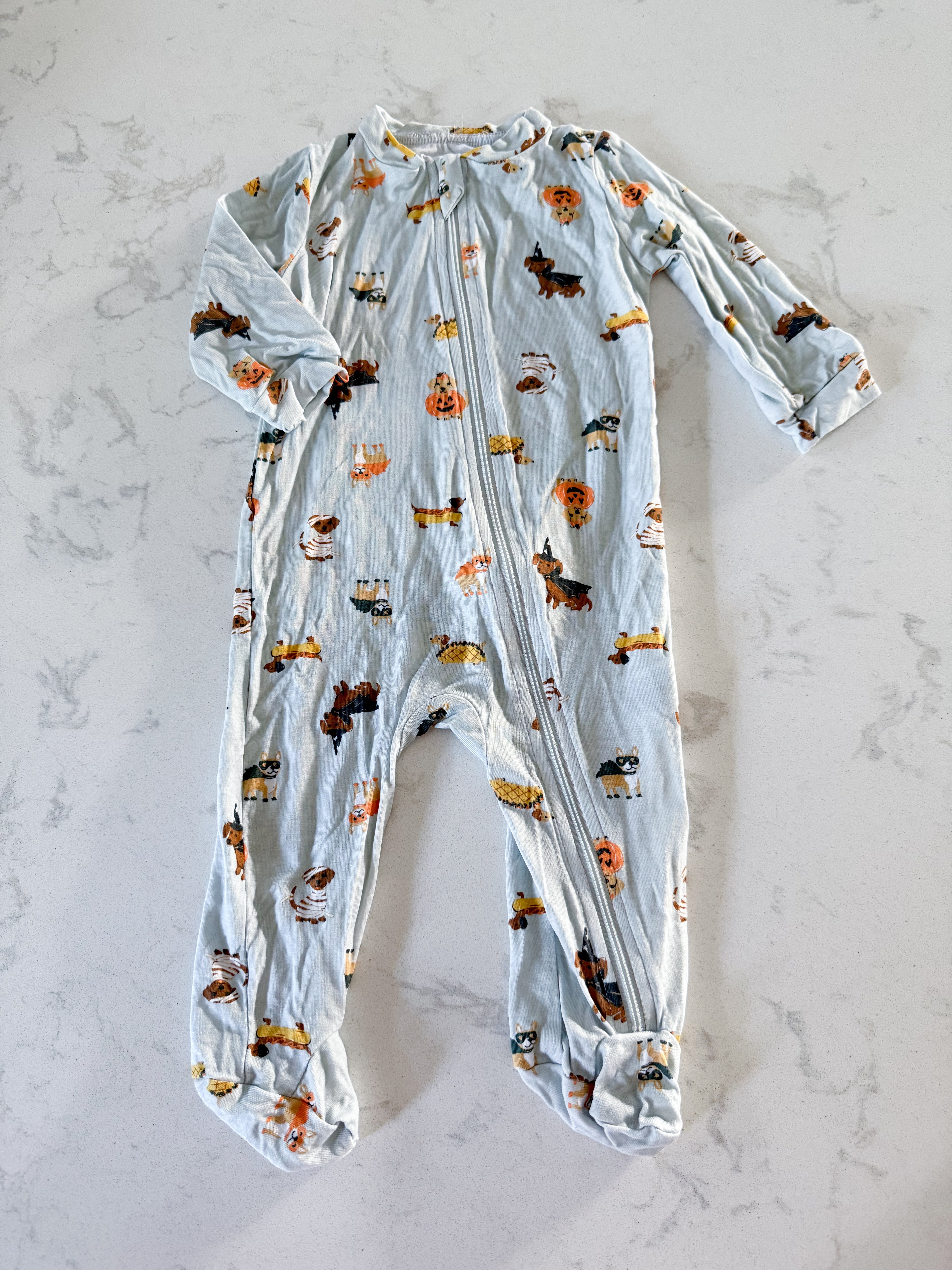 Milkberry-3-6m- VGUC- light blue dogs wearing Halloween costumes bamboo footie jammies