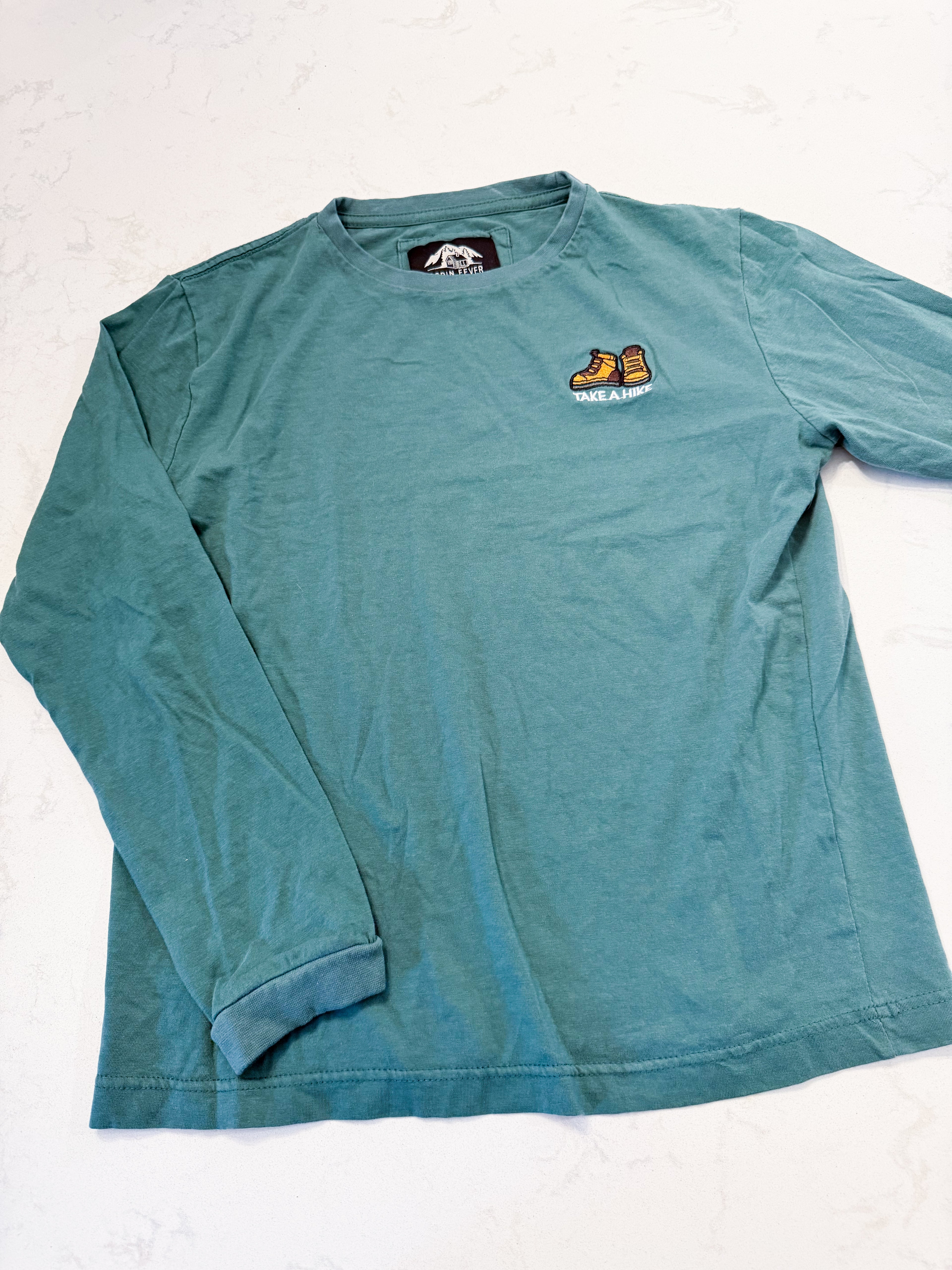 Cabin Fever- 14-16Y- VGUC- long sleeve green shirt with embroidered hiking boots