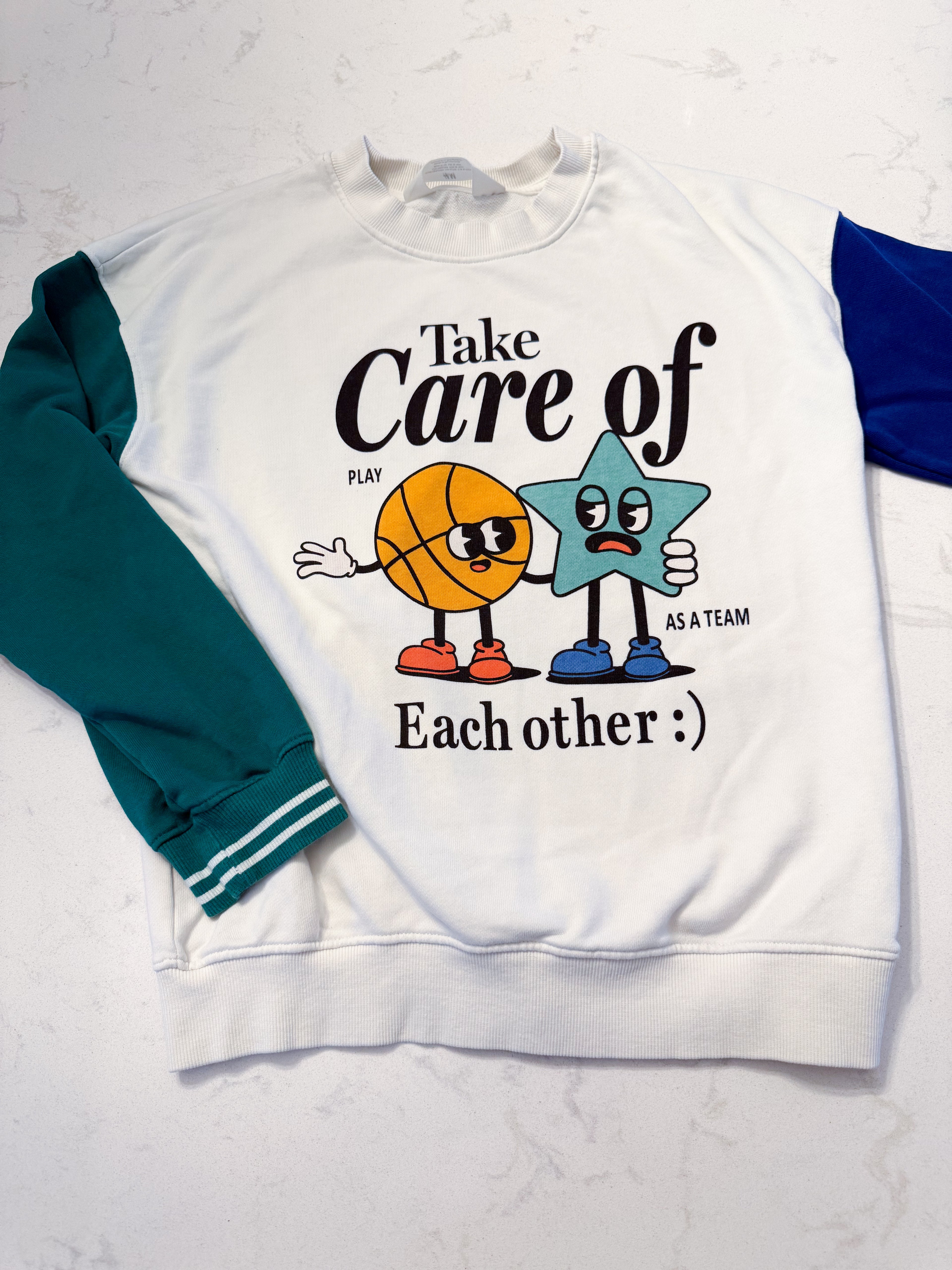 H&M- 8-10Y- EUC- green white and blue crewneck sweater with graphics