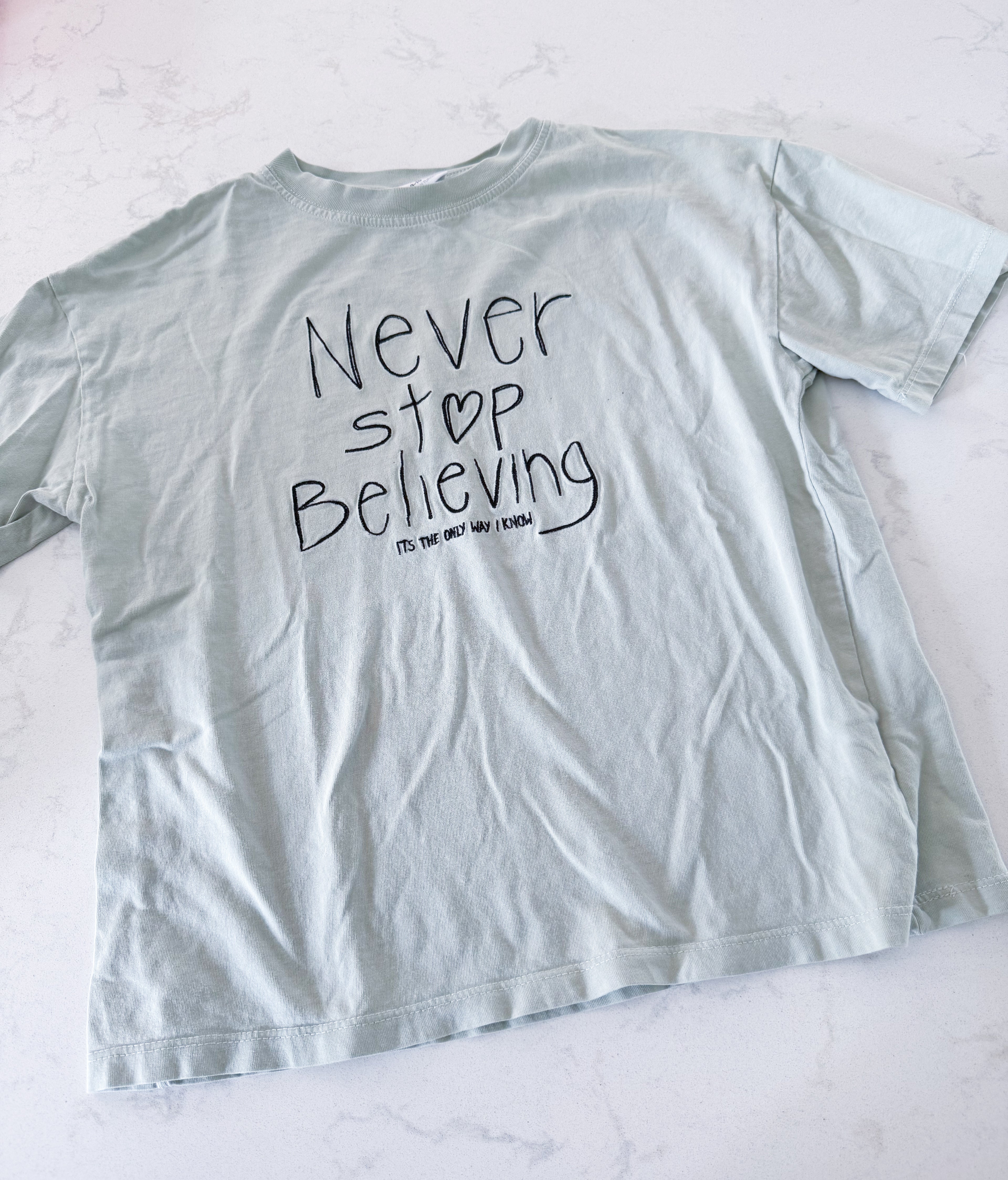 Zara- 9-10Y- VGUC- mint green t shirt with embroidered quote