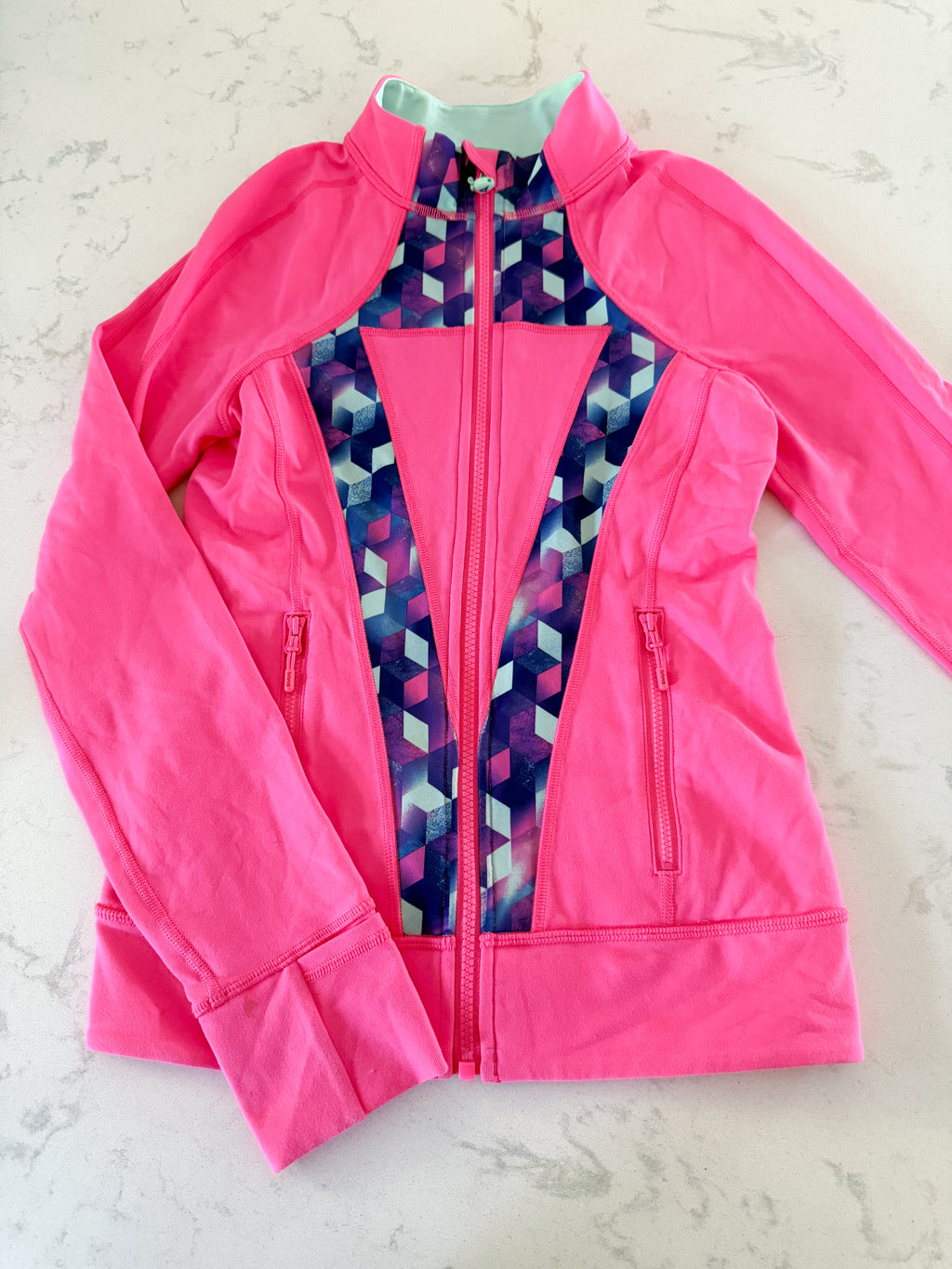 Iviva- 12Y- PLAY- neon pink athletic zip up with purple pattern
