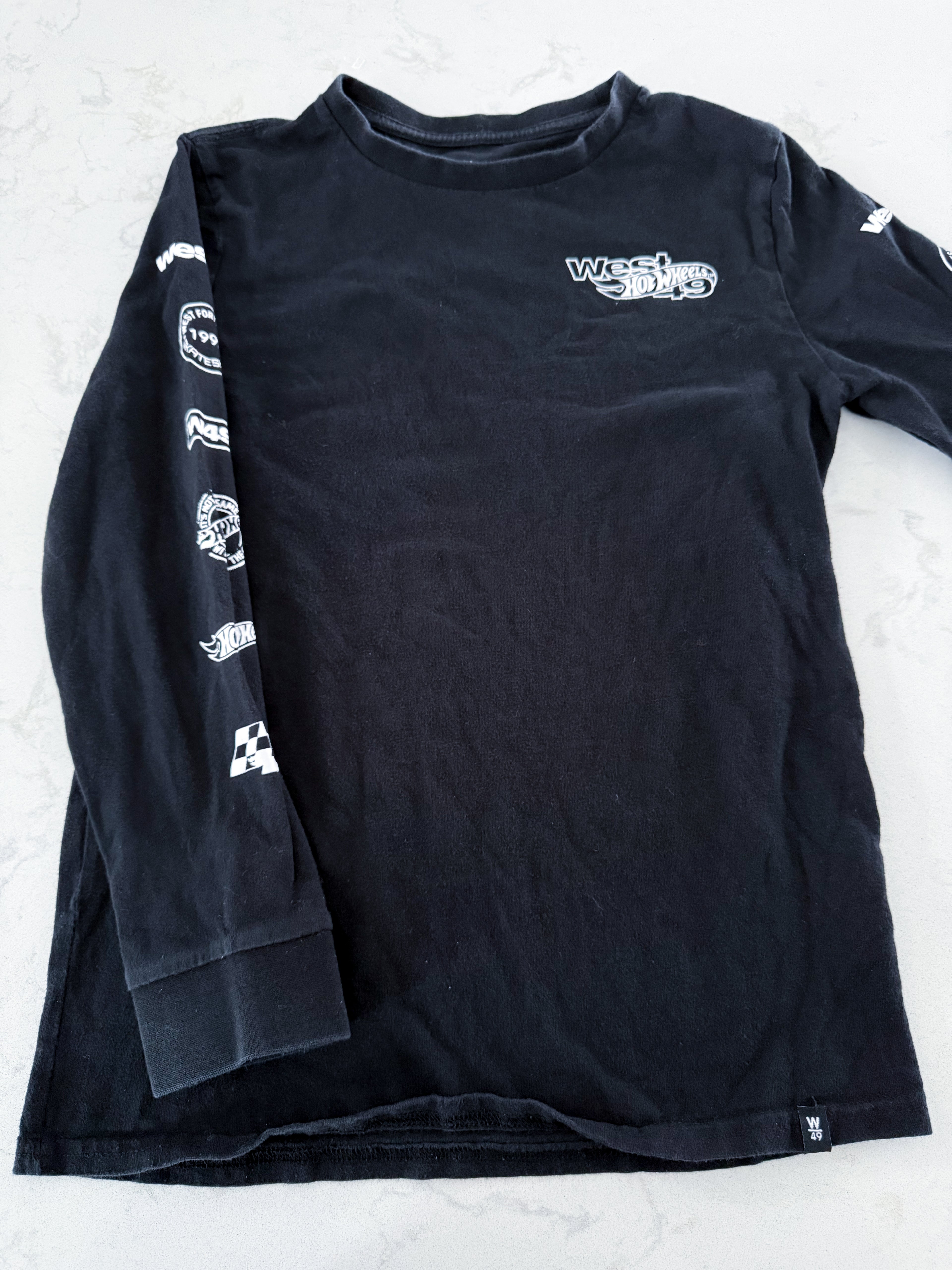 West49- fits 10-12Y- GUC- black long sleeve hot wheels shirt