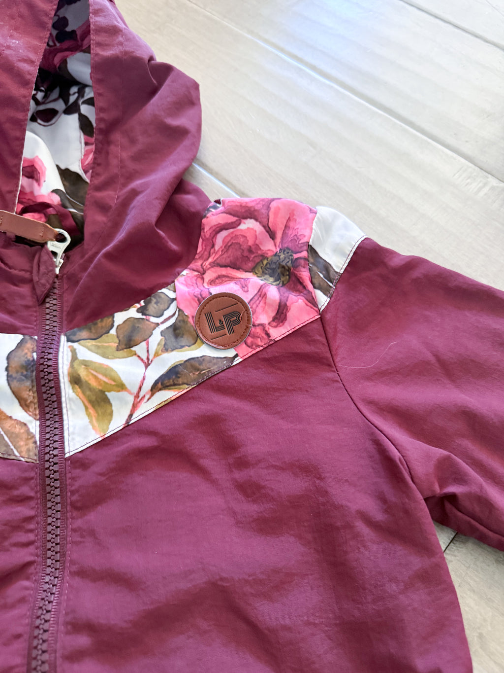 L&P Apparel- 3-4T- PLAY- burgundy jacket with floral pattern and fleece lining