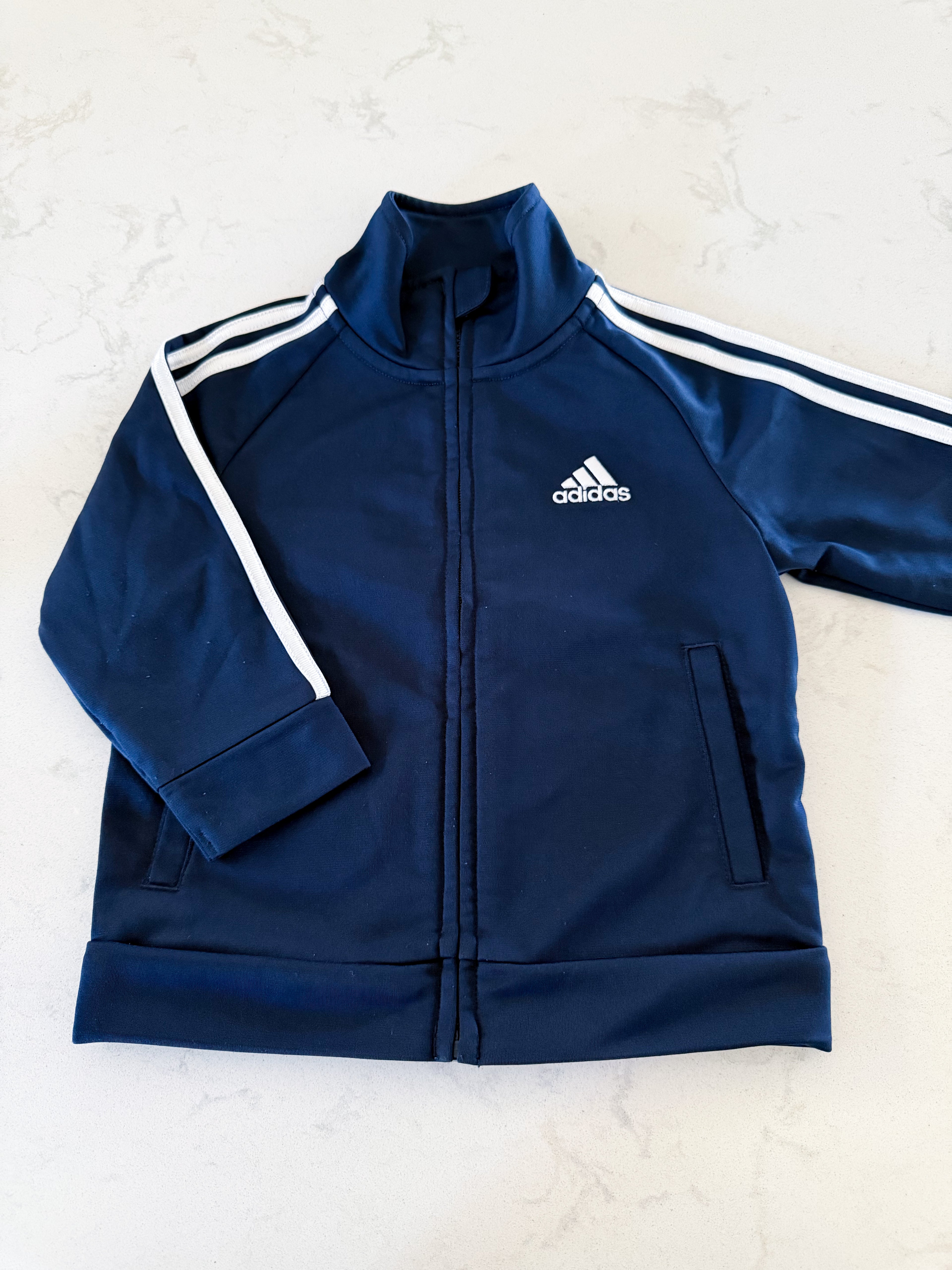 Adidas- 12-18m (would fit 18-24m as well)- VGUC- navy adidas track jacket with white stripes