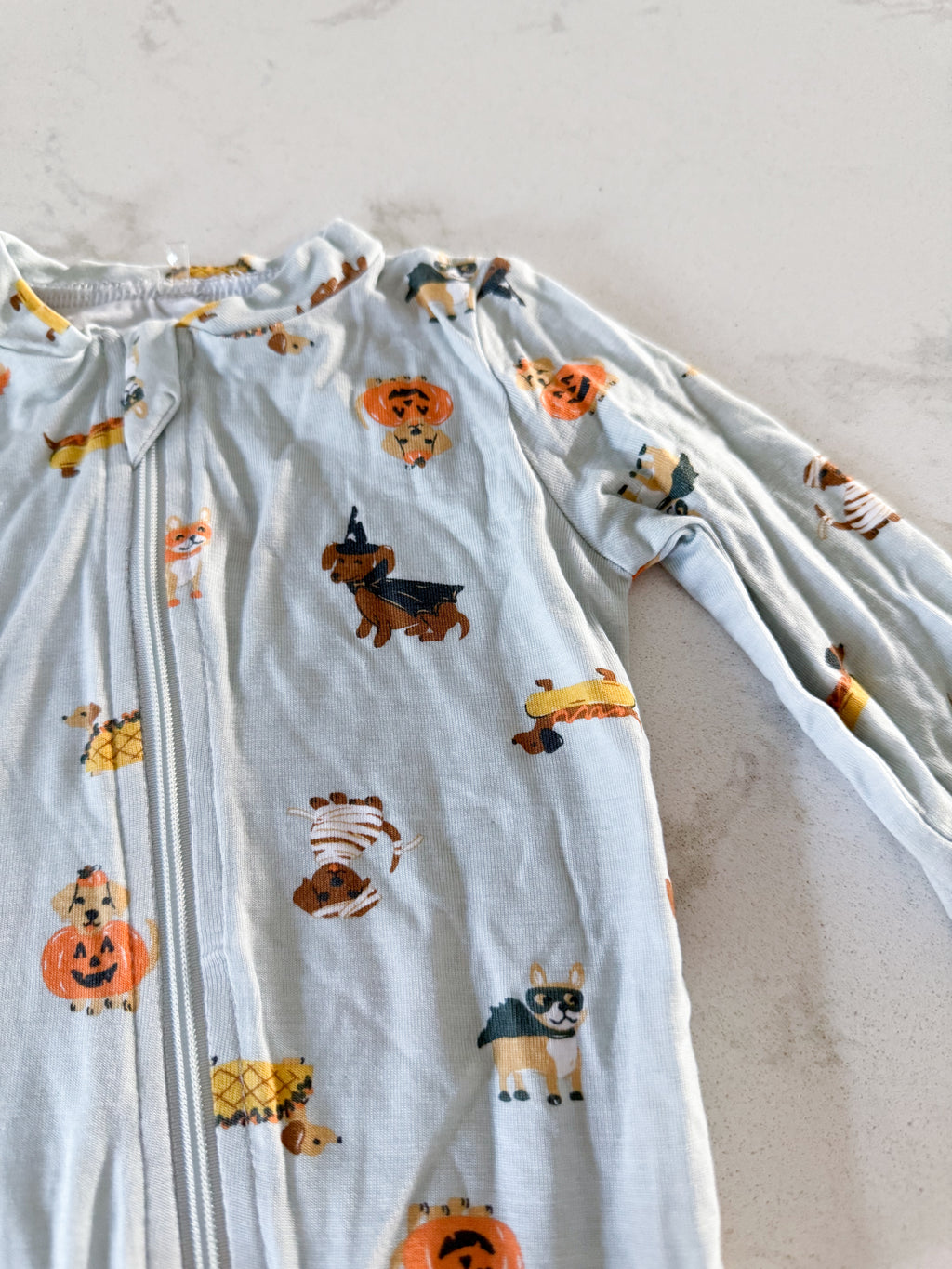 Milkberry-3-6m- VGUC- light blue dogs wearing Halloween costumes bamboo footie jammies