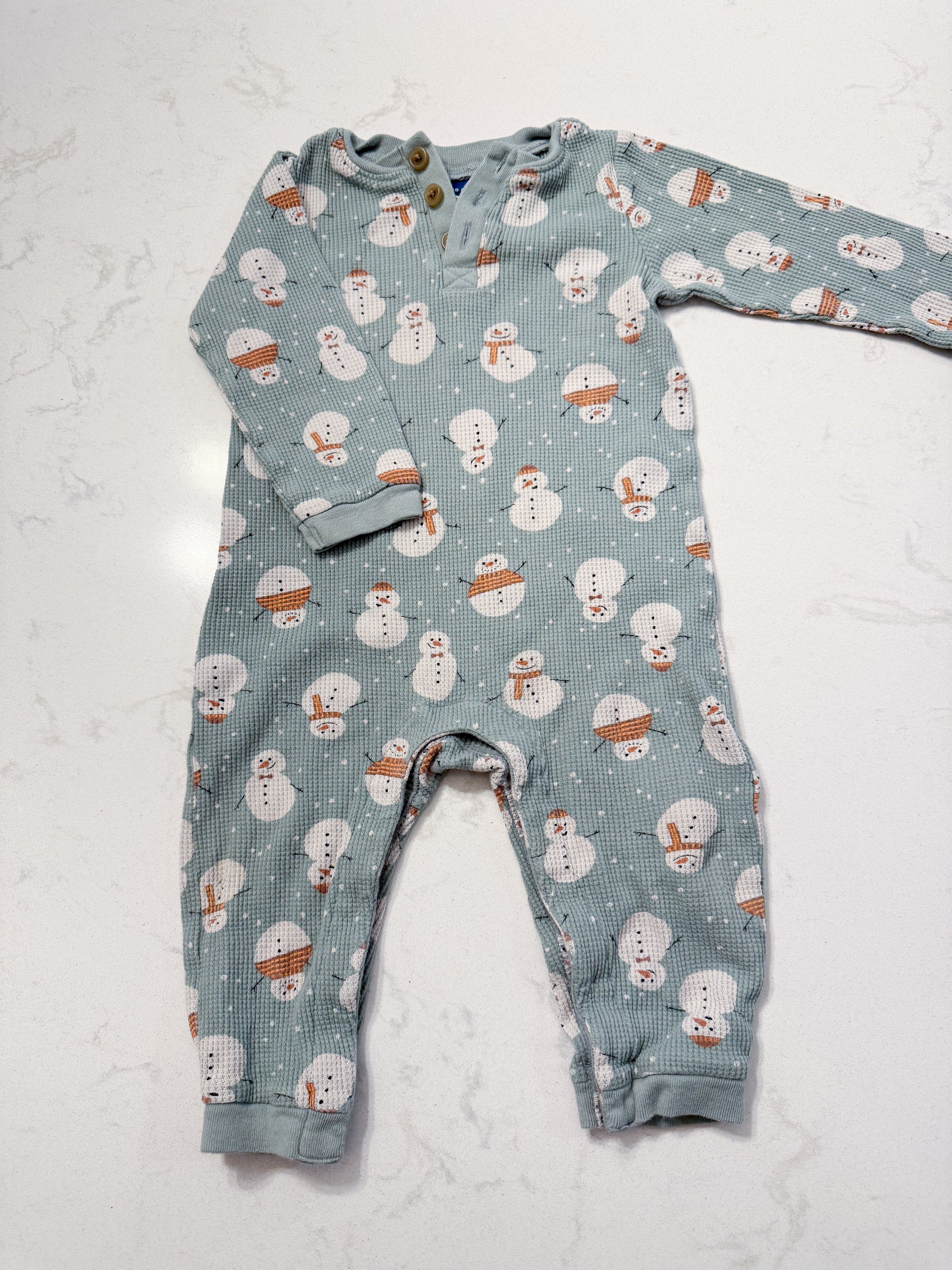 Old Navy- 12-18m- GUC- waffle knit ice blue snowman romper