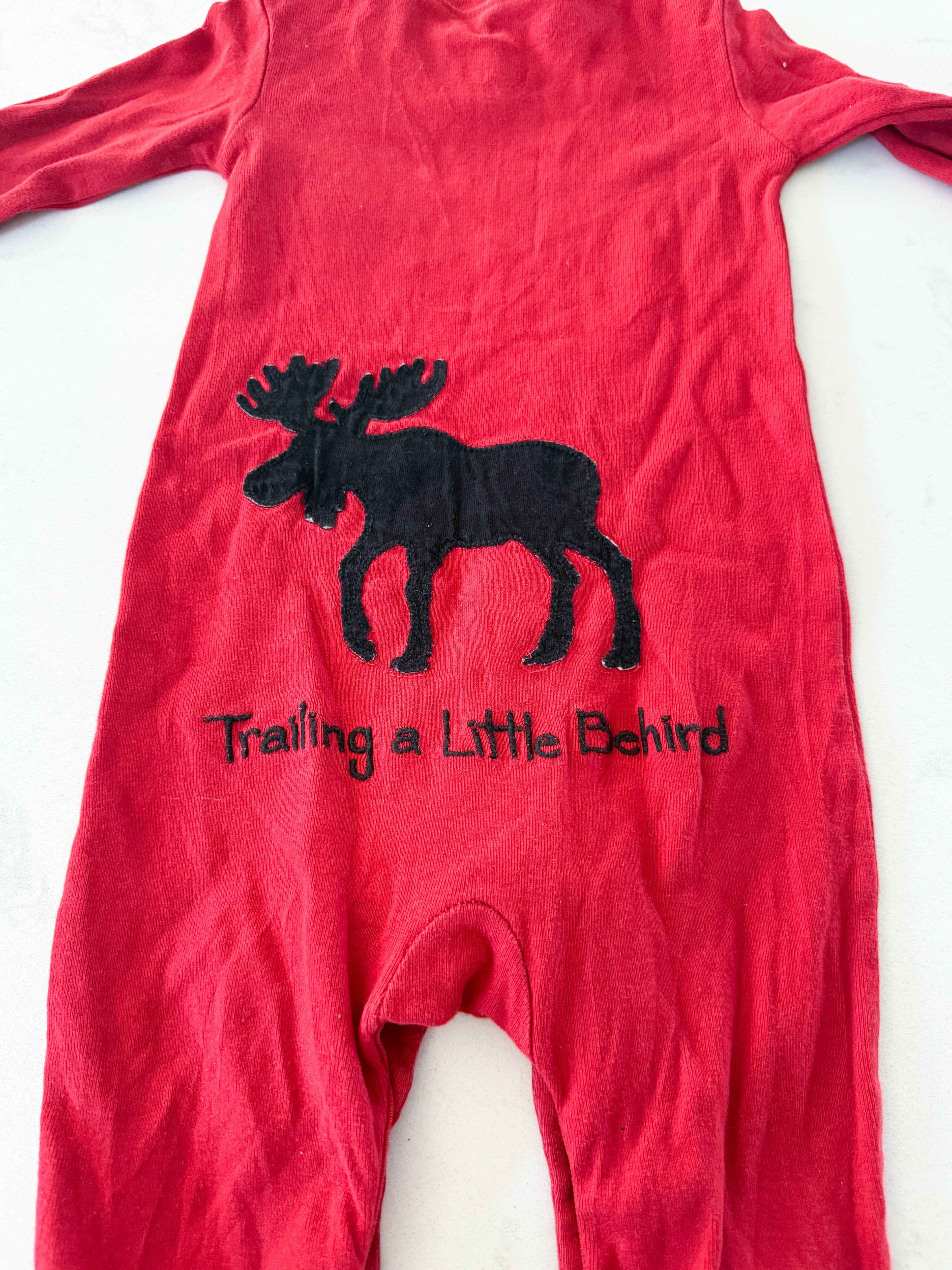 Little Blue House- 12-18m- PLAY- red romper with moose embroidery