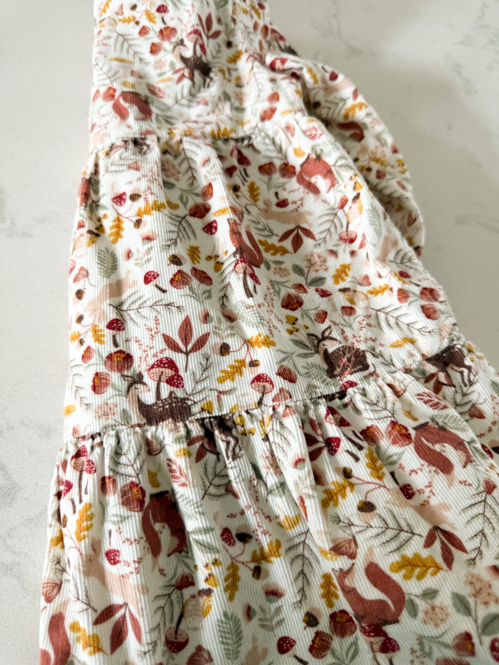 Happily Grey Kids- 3T- VGUC- white corduroy dress with forest wildlife pattern