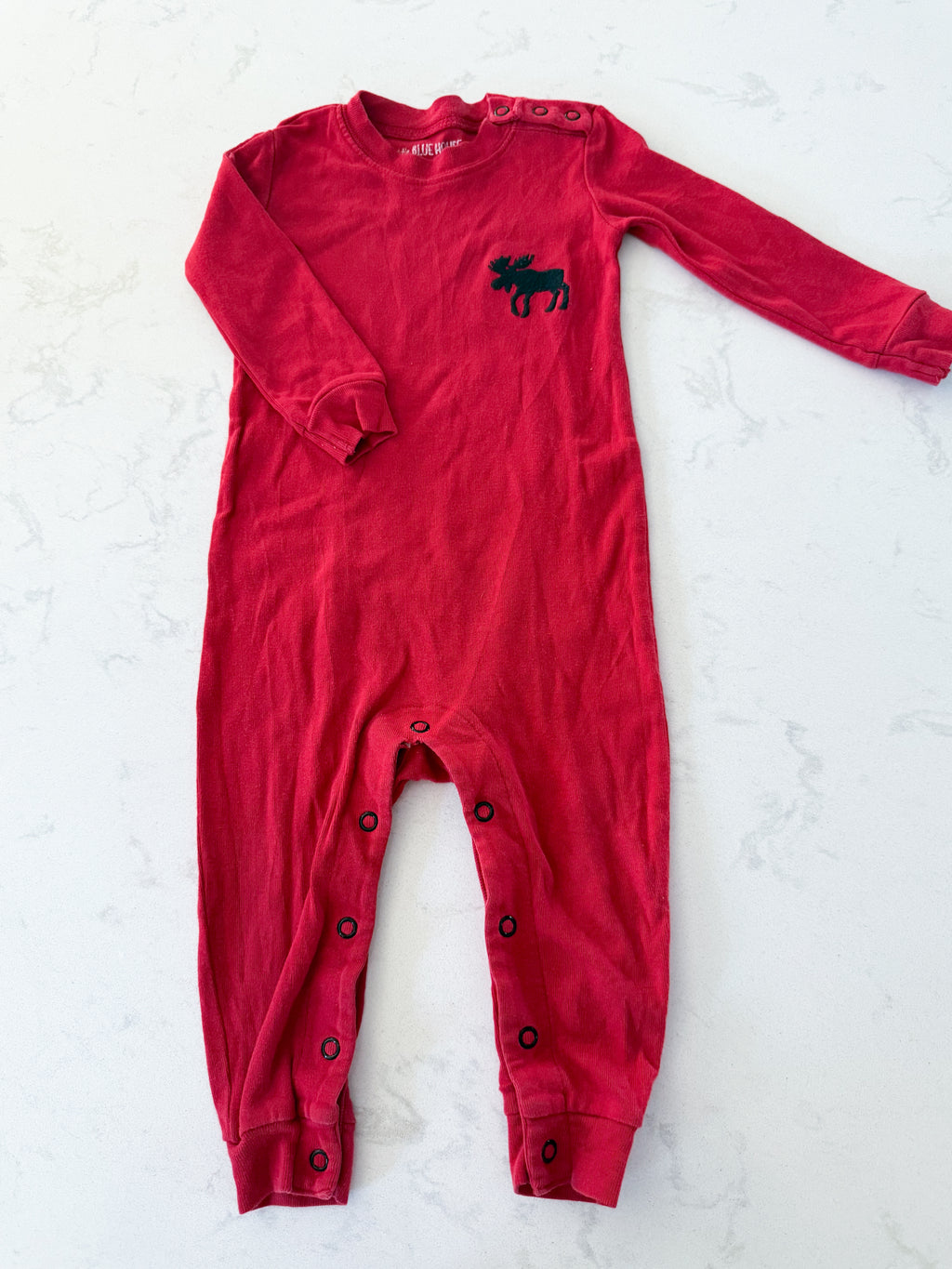 Little Blue House- 12-18m- PLAY- red romper with moose embroidery