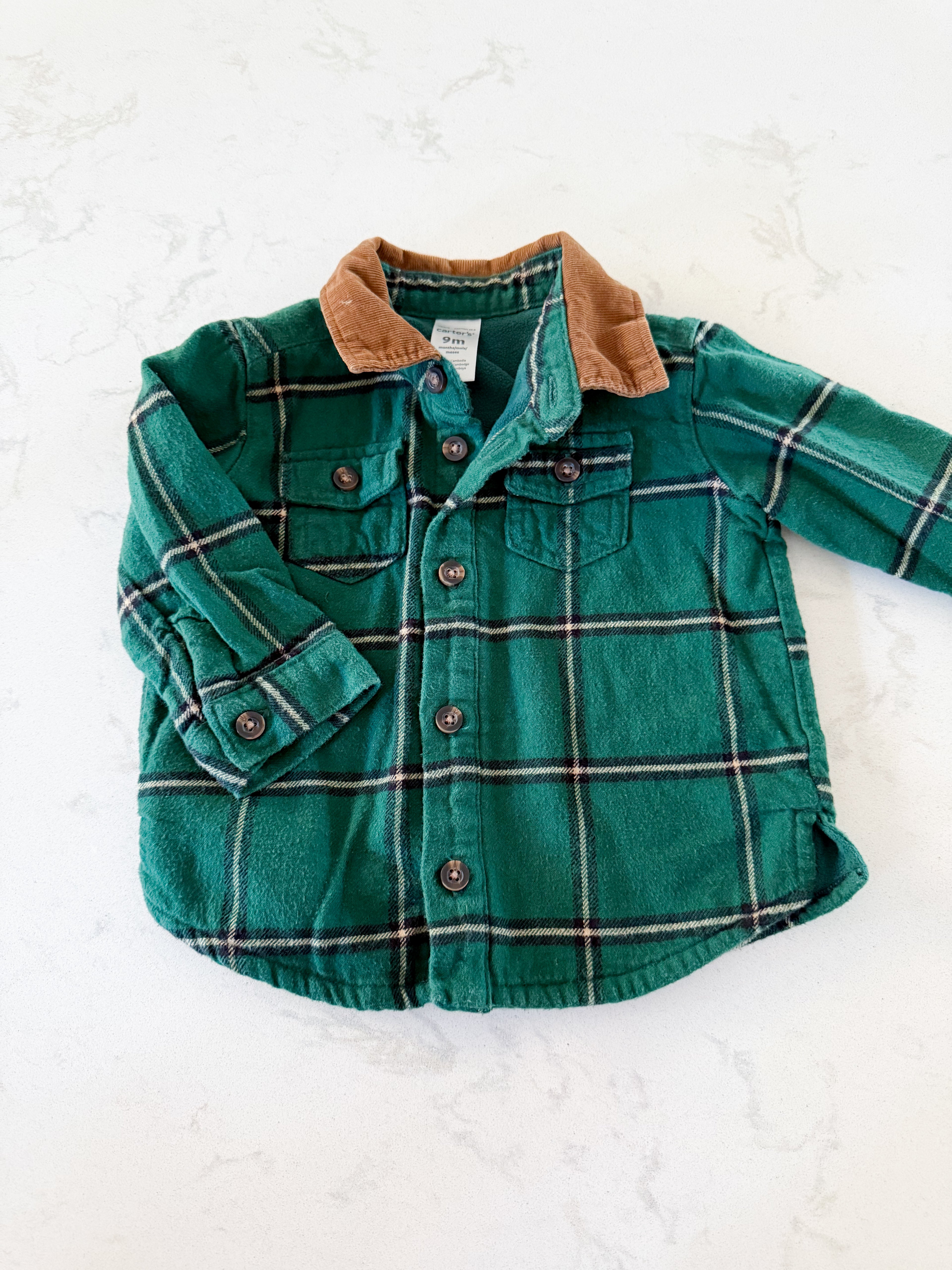 Carters-9m- GUC- Forest Green plaid fleece lined shirt