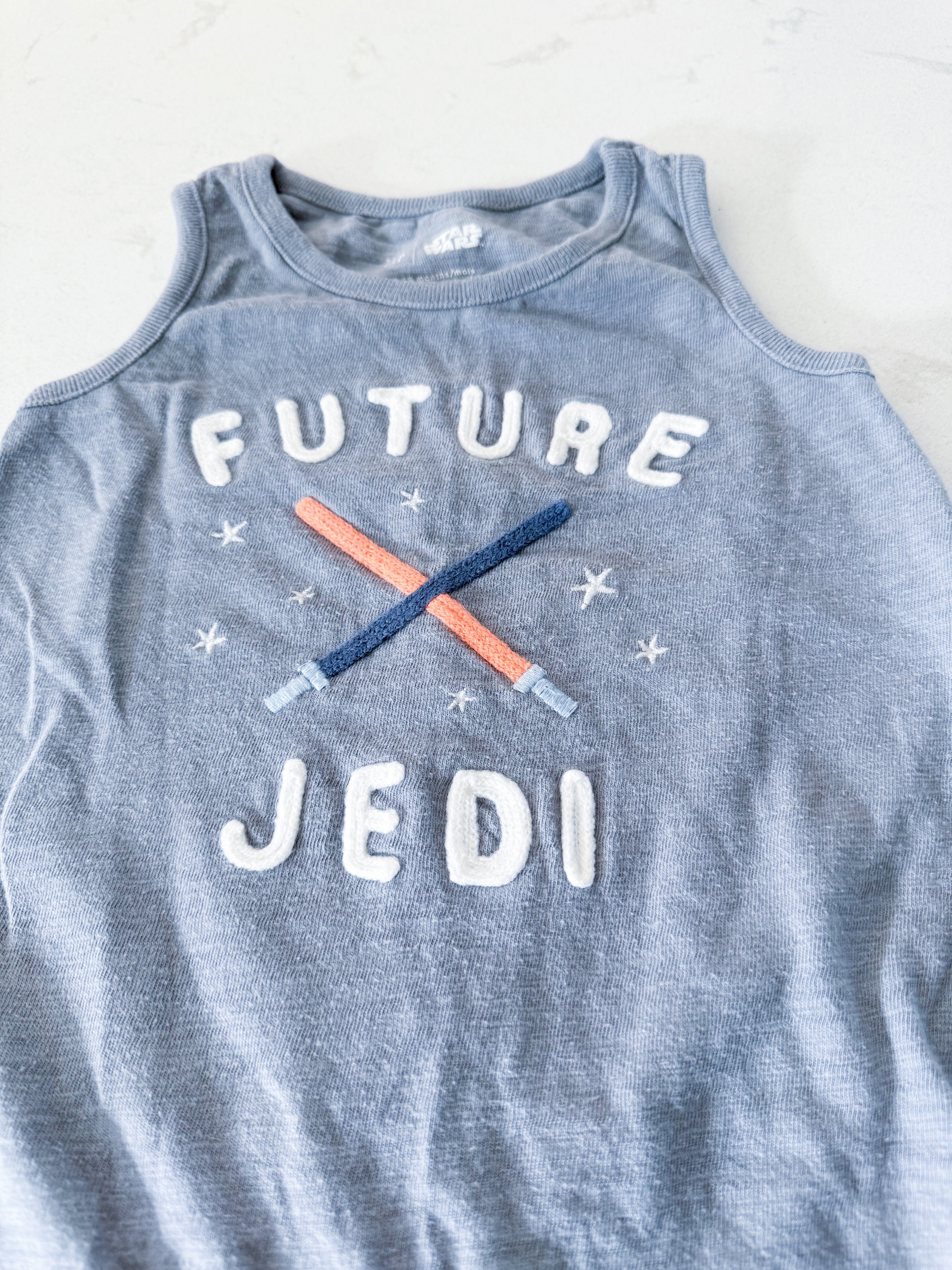 Baby Gap- 12-18m- GUC- grey tank romper with embroidered future jedi