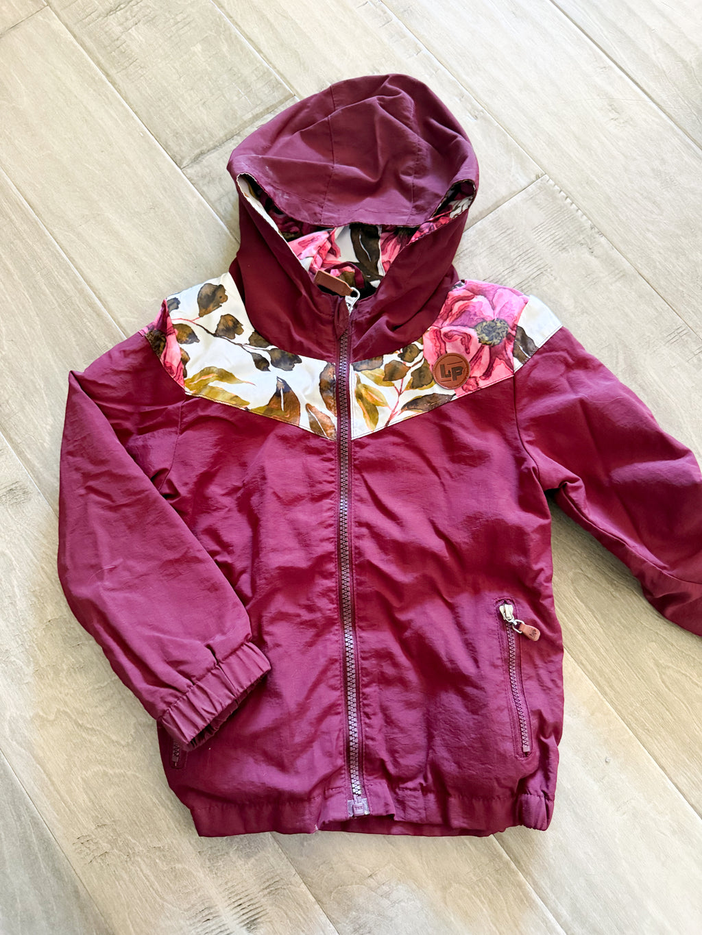 L&P Apparel- 3-4T- PLAY- burgundy jacket with floral pattern and fleece lining