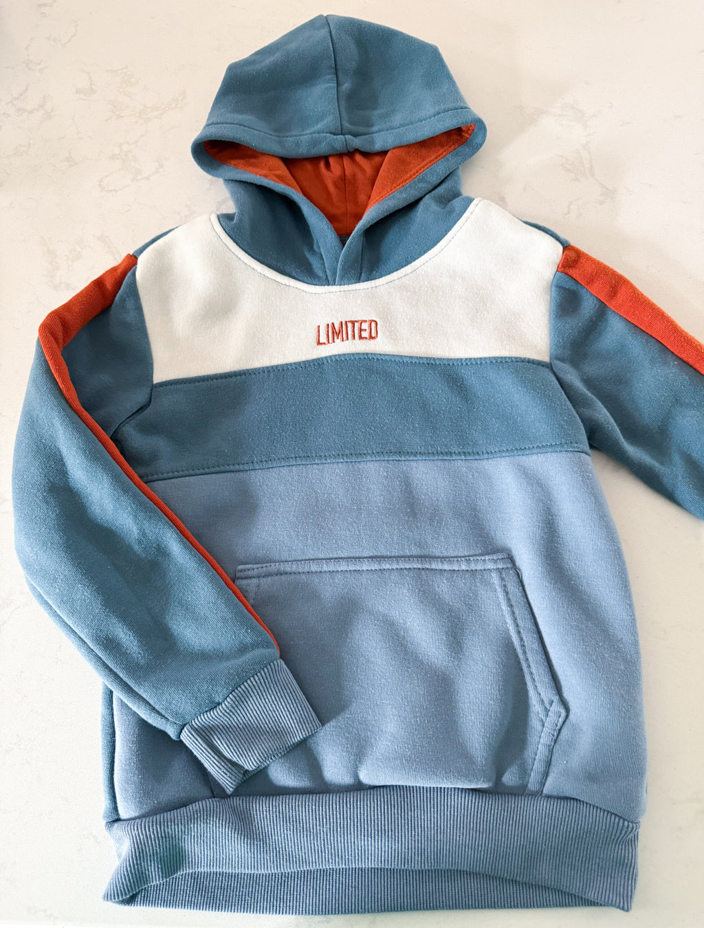 Sovereign State- 7Y- GUC- blue and dark orange hoodie with embroidered “limited”