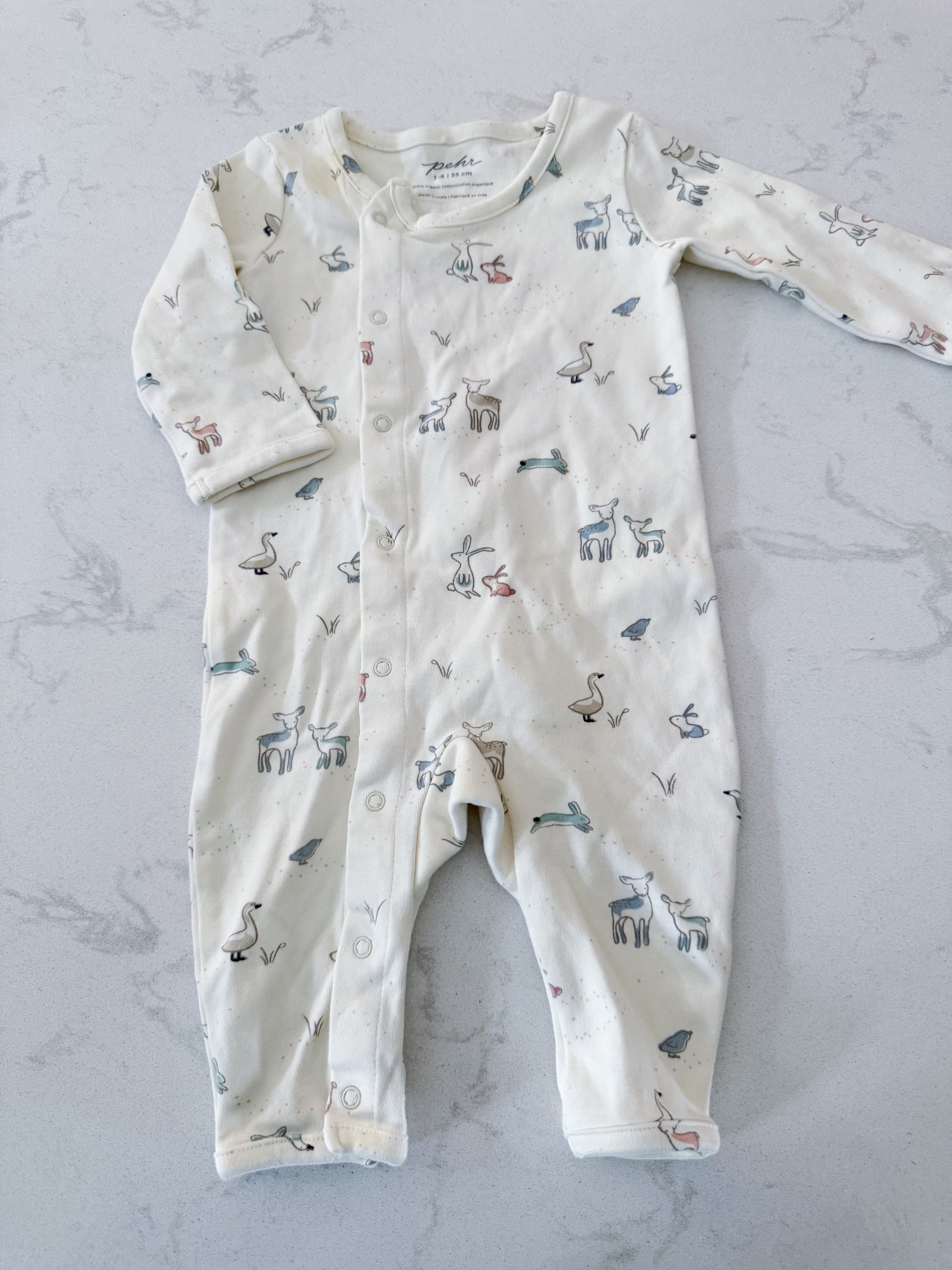 Pehr- 3-6m- PLAY- cream coloured footless pajamas with spring animals