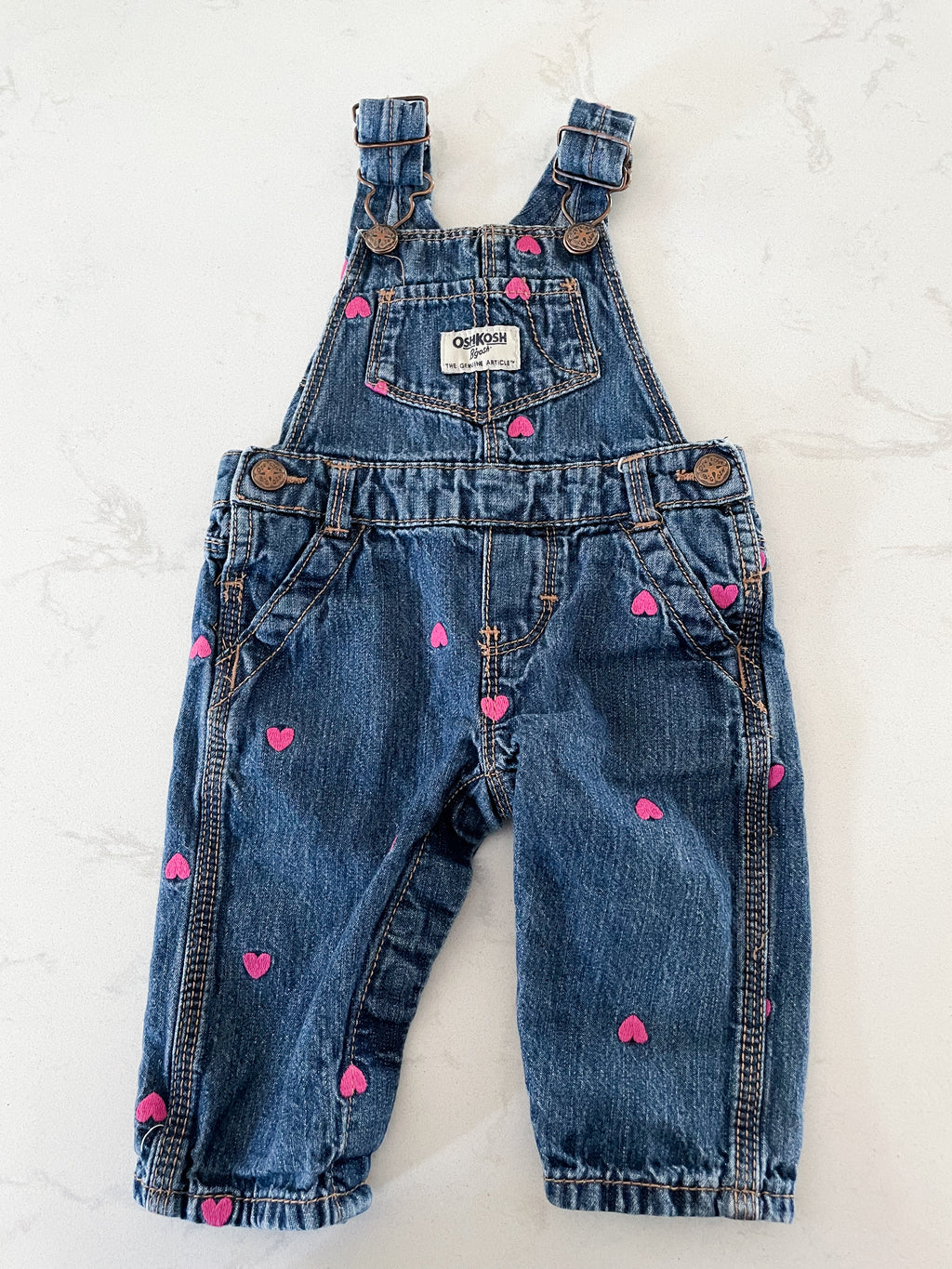 Oshkosh- 6 months- jean overalls with pink embroidered hearts