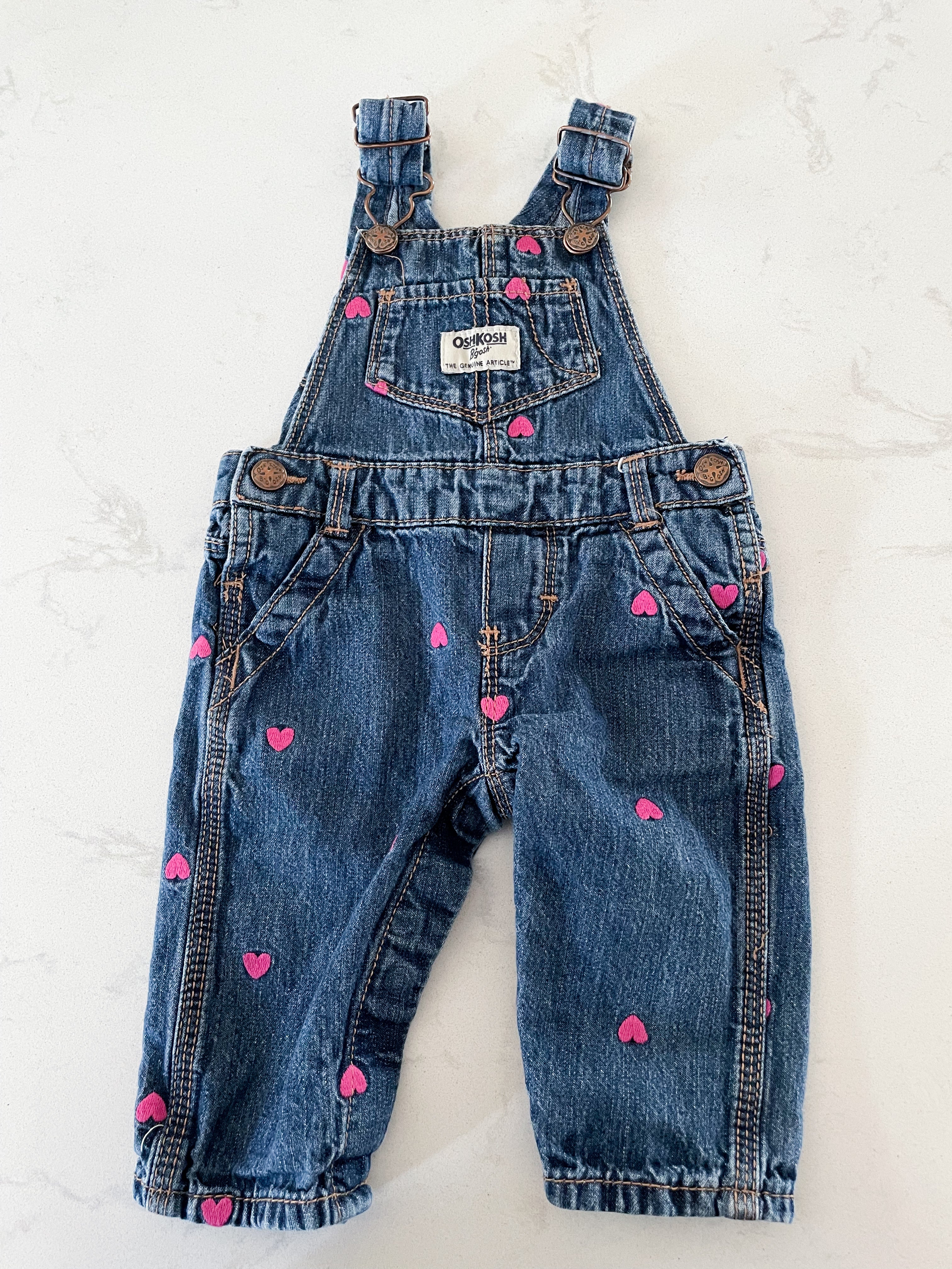 Oshkosh- 6 months- jean overalls with pink embroidered hearts