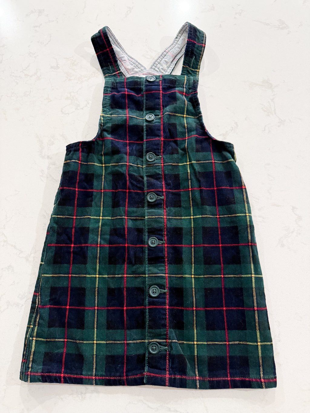 The Children’s Place- 8Y- GUC- green corduroy plaid overall dress