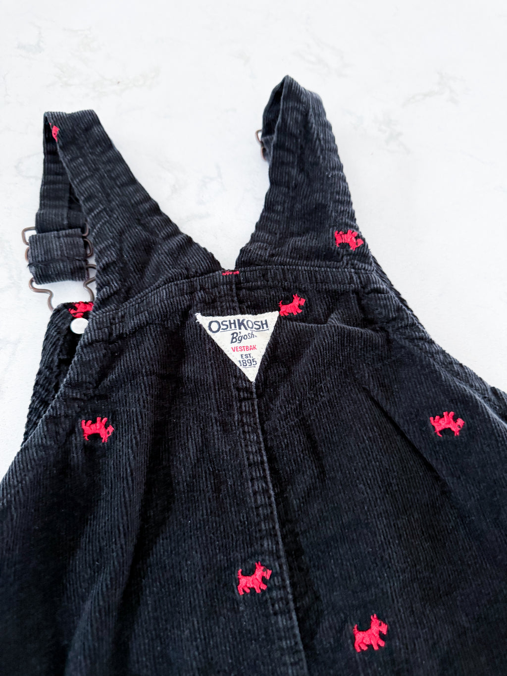 Oshkosh (1996-2002)- 5T- GUC- black corduroy overall dress with embroidered red dogs