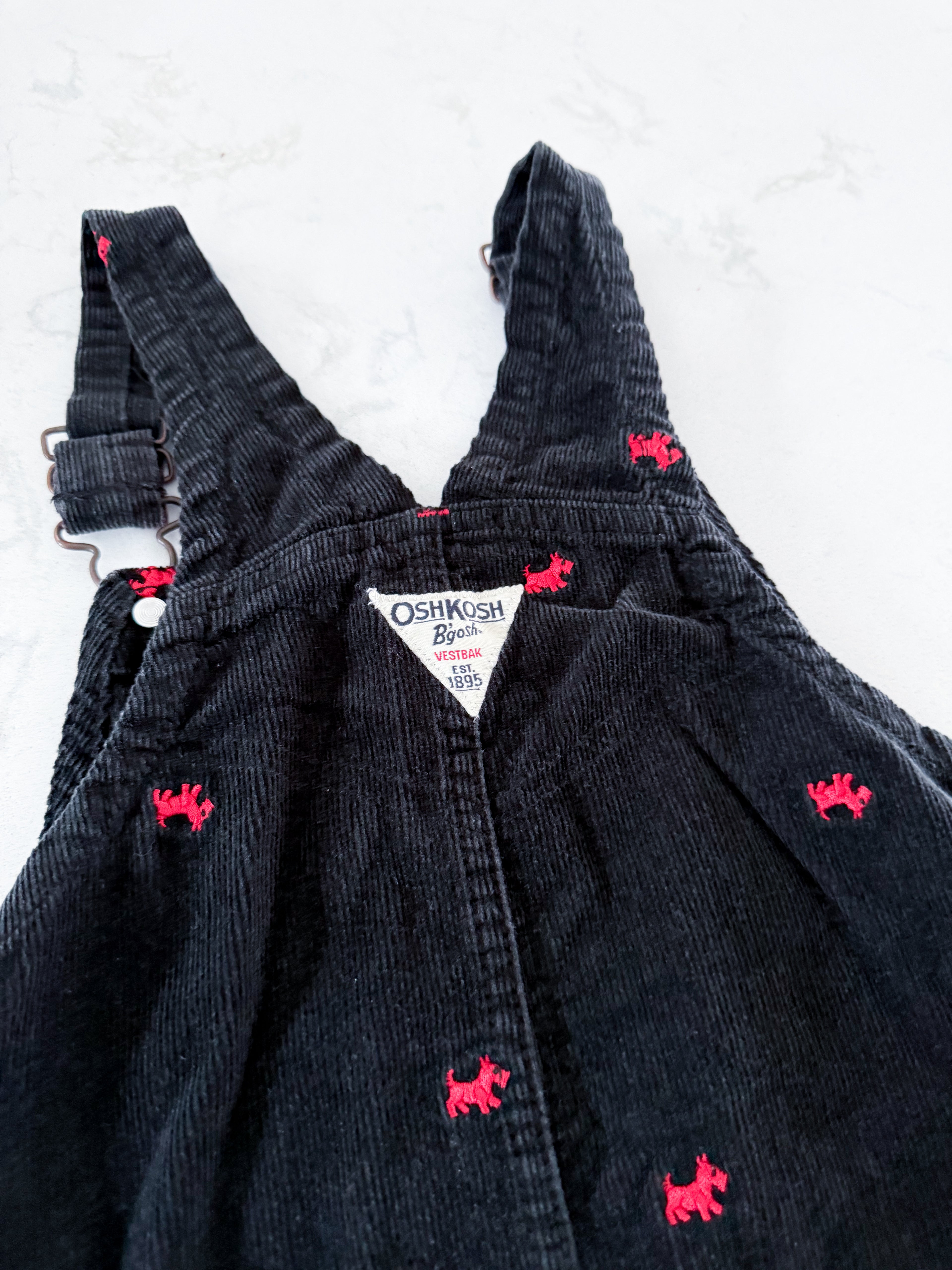 Oshkosh (1996-2002)- 5T- GUC- black corduroy overall dress with embroidered red dogs
