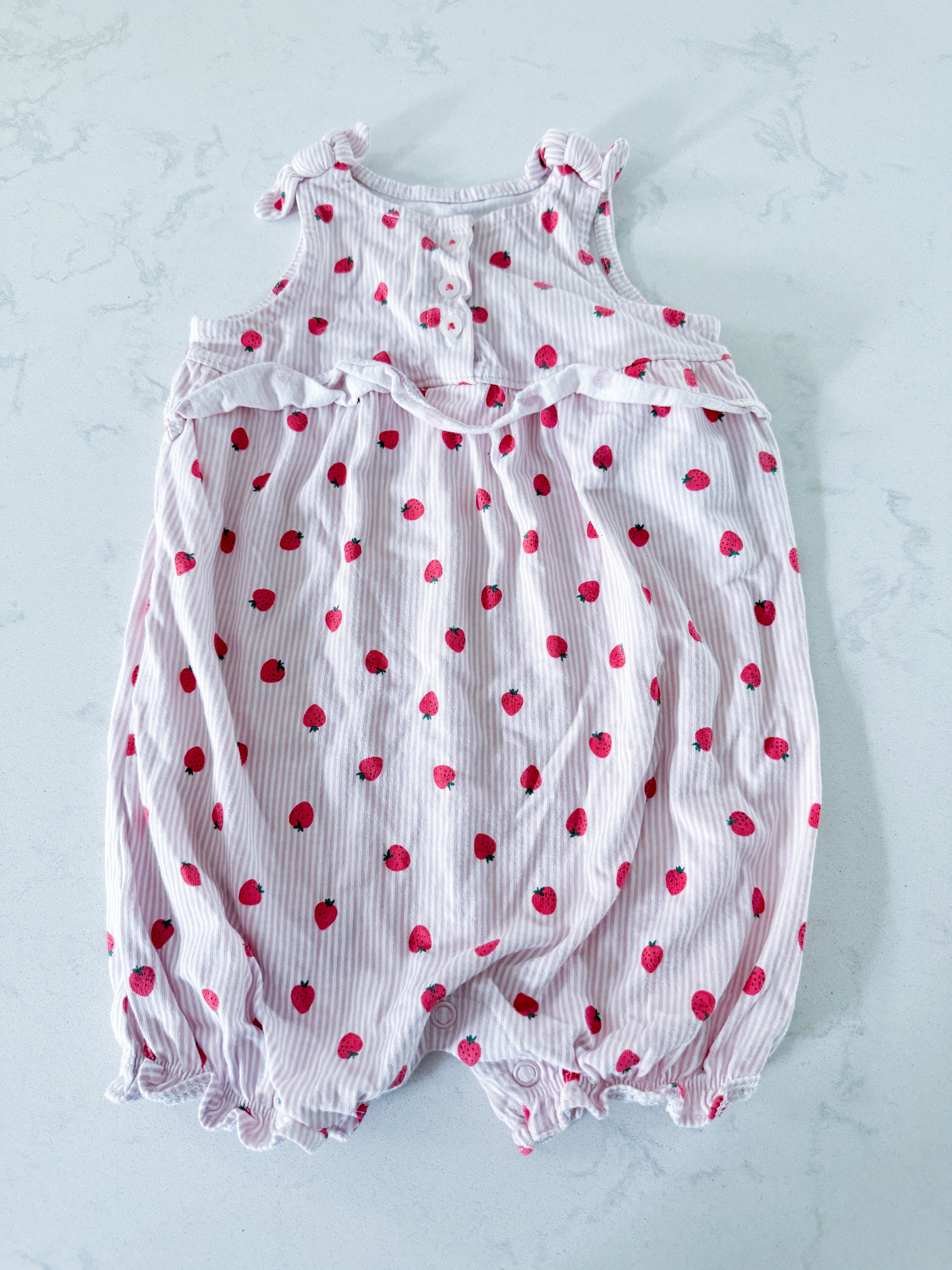 Carters- 18m- GUC- light pink and white thin striped romper with tiny strawberries