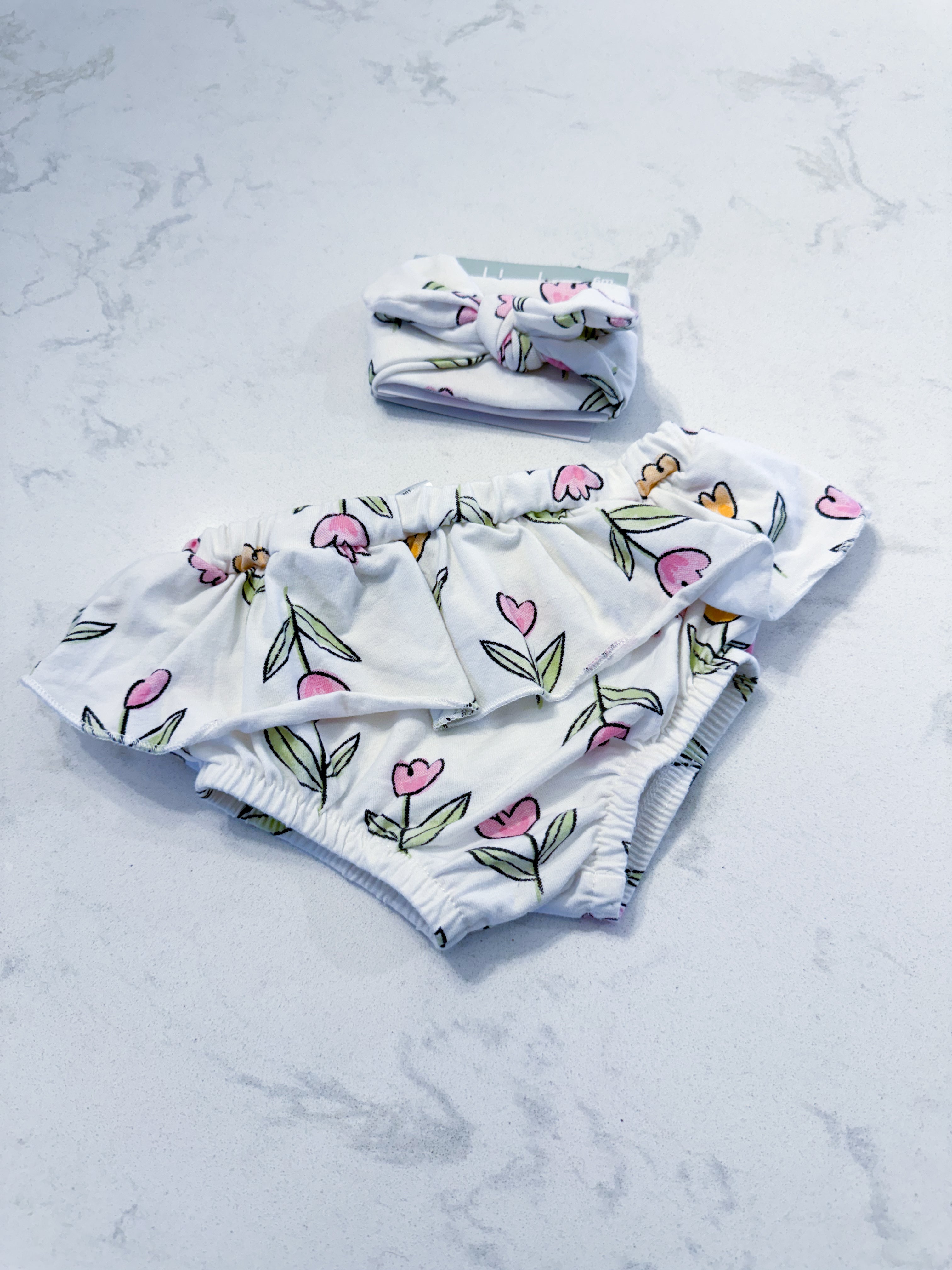 PL Baby- 6m- BNWT- white with pink tulips. Matching bummies and bow