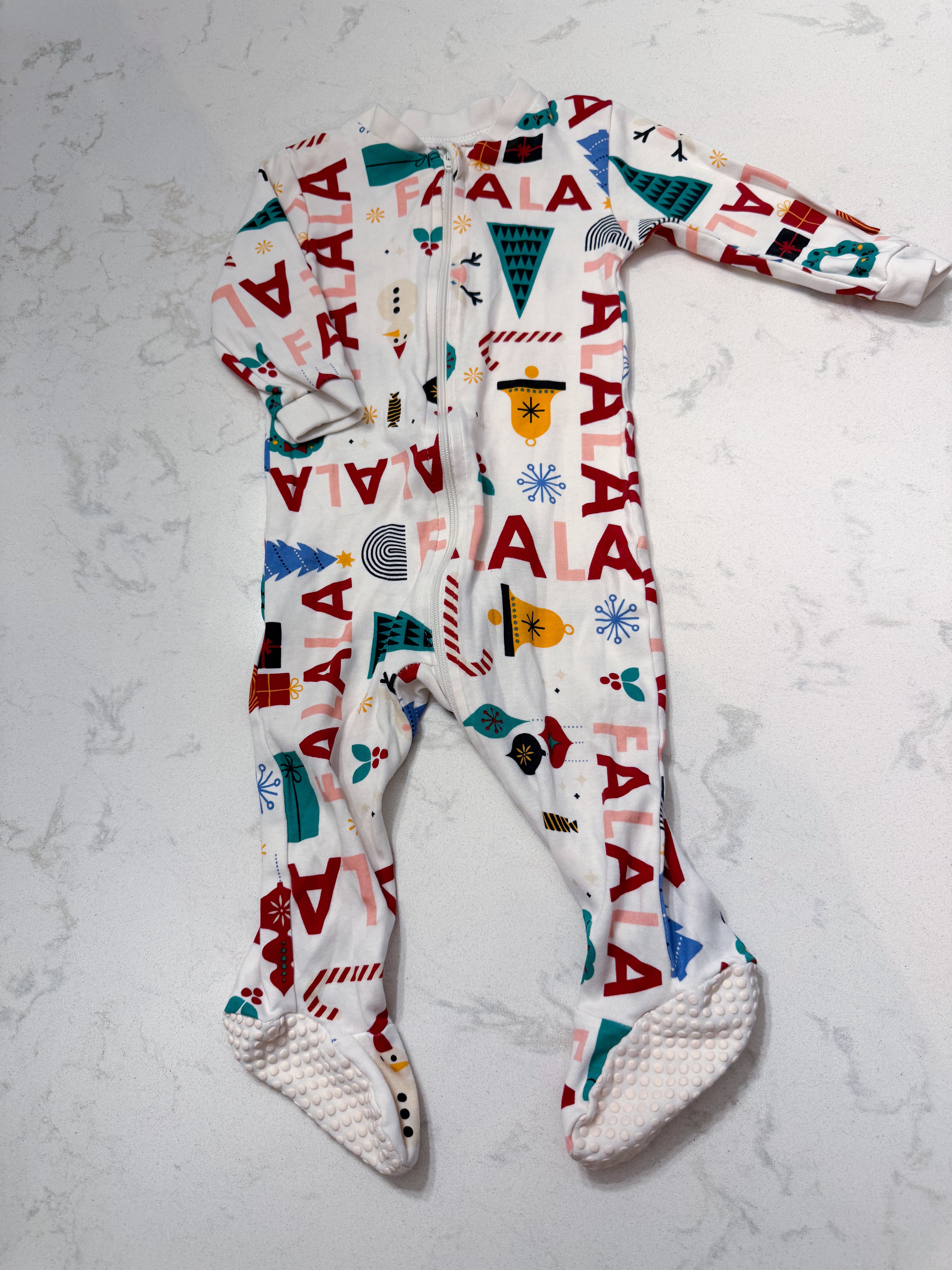 George- 3-6m- PLAY- white footie pajamas with Christmas graphics