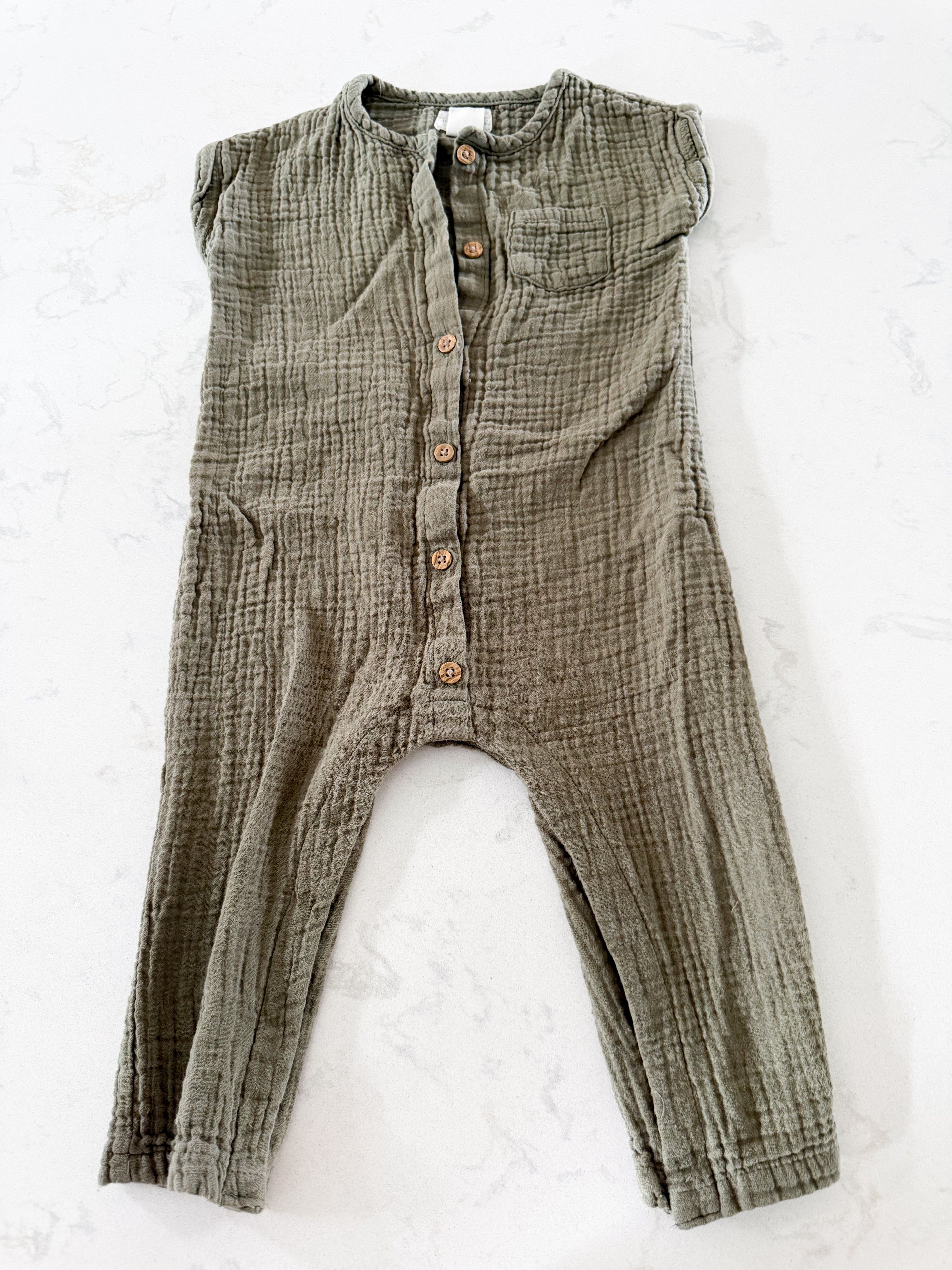 Little Planet Organics by Carters- 18m- GUC- olive green muslin romper