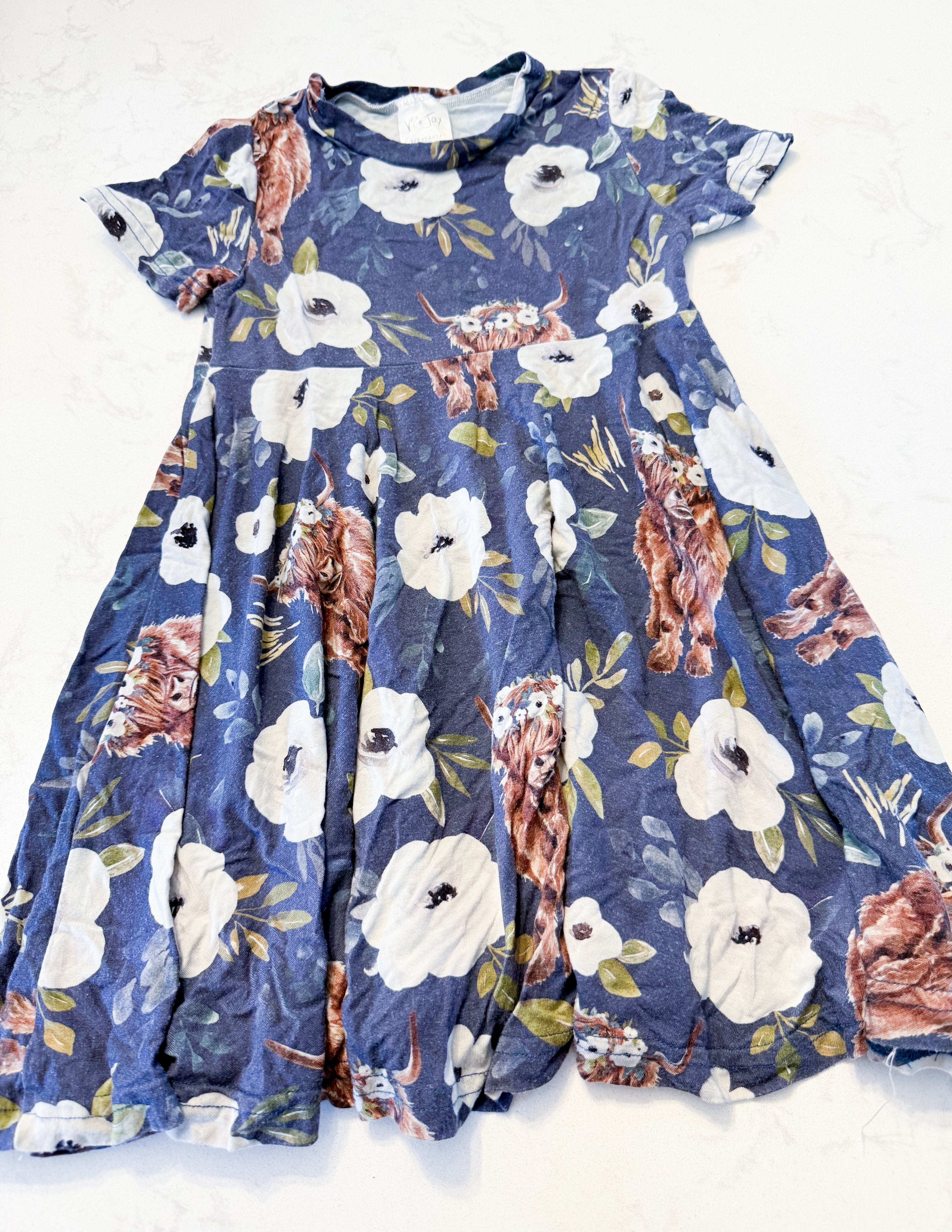 Vi and Jax- 2-3Y- PLAY- dark purple short sleeve bamboo dress with highland cow pattern