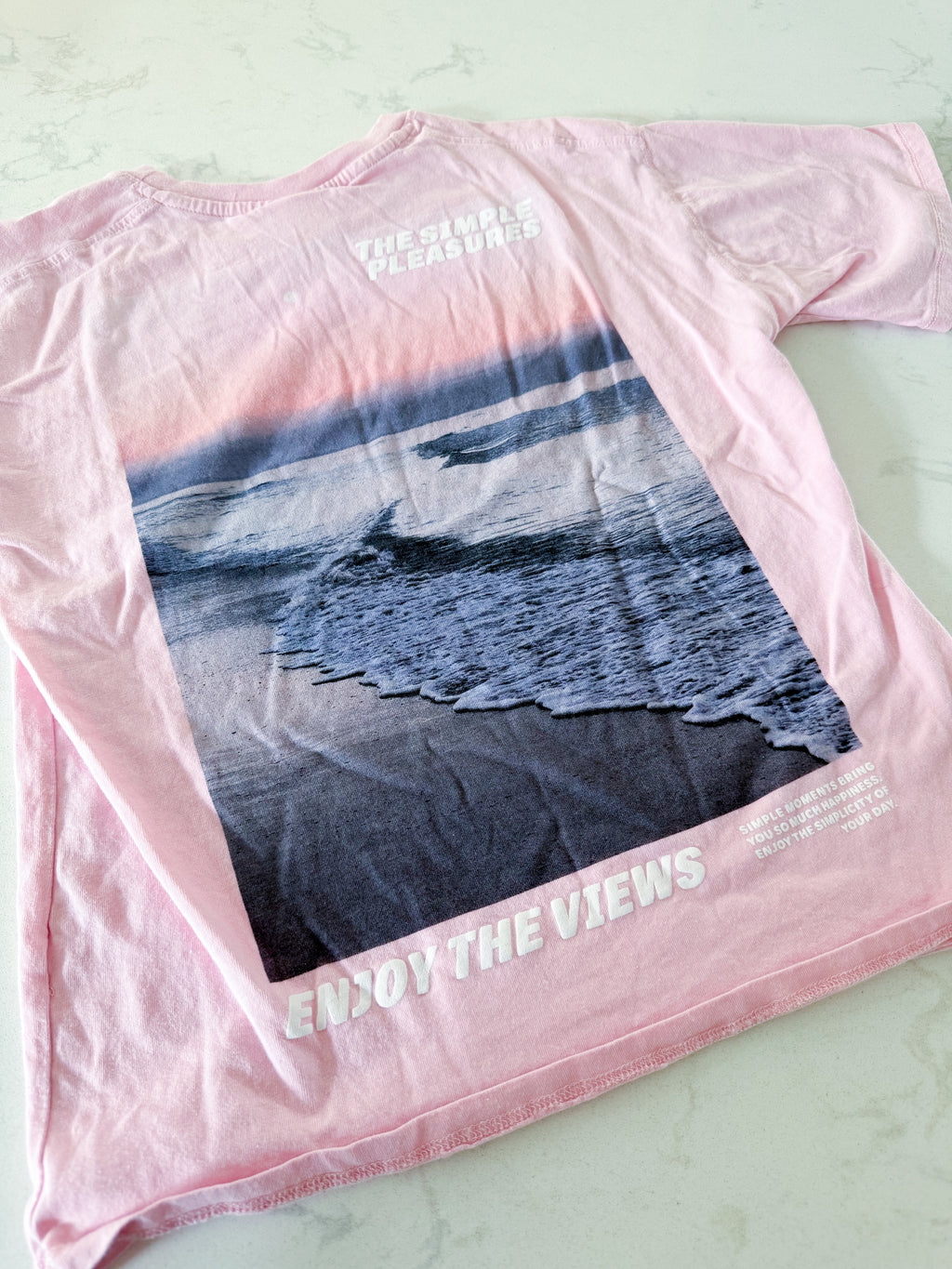 Zara- 10-12Y- VGUC- light pink t shirt with orchid and beach graphic