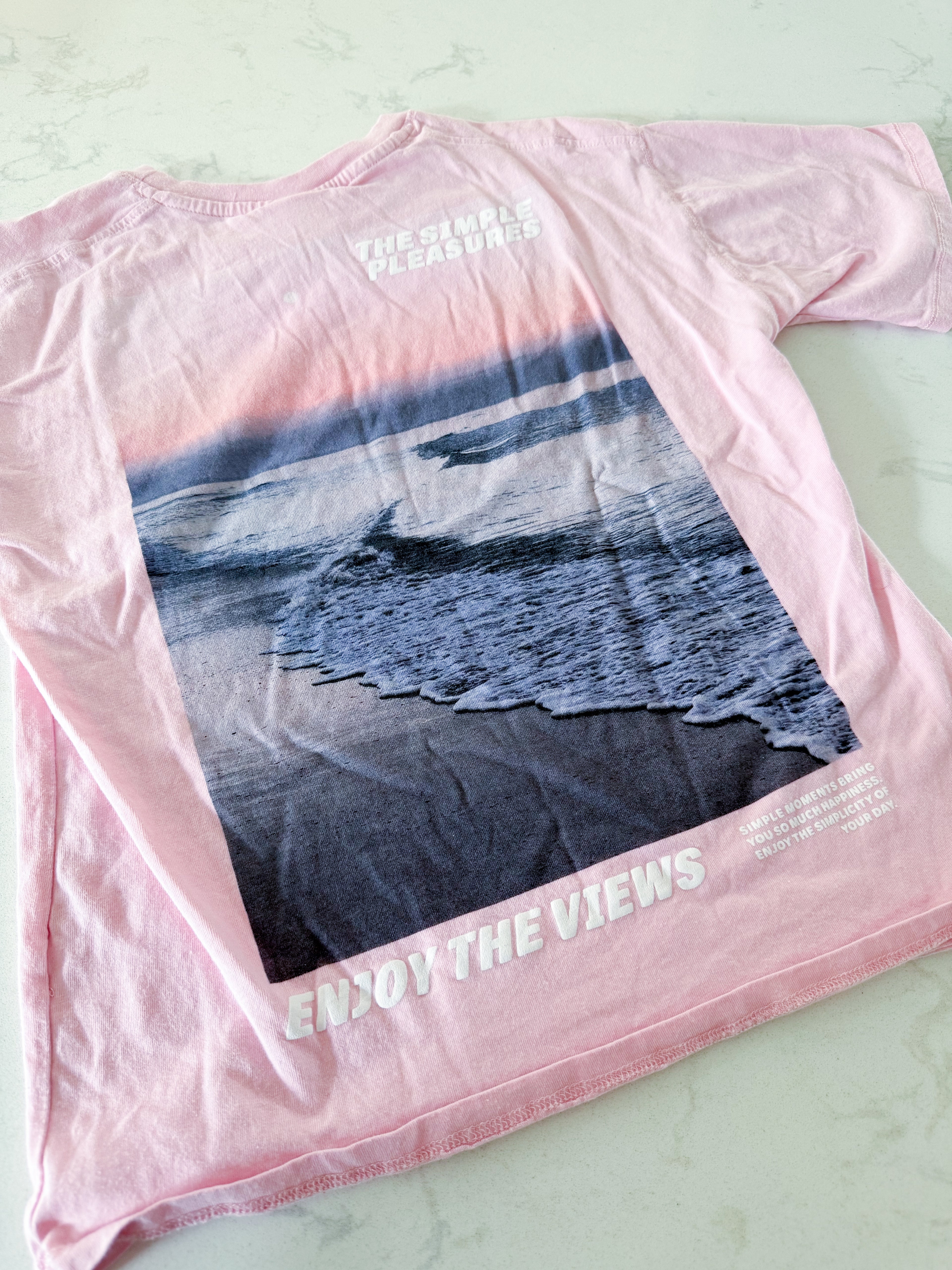 Zara- 10-12Y- VGUC- light pink t shirt with orchid and beach graphic