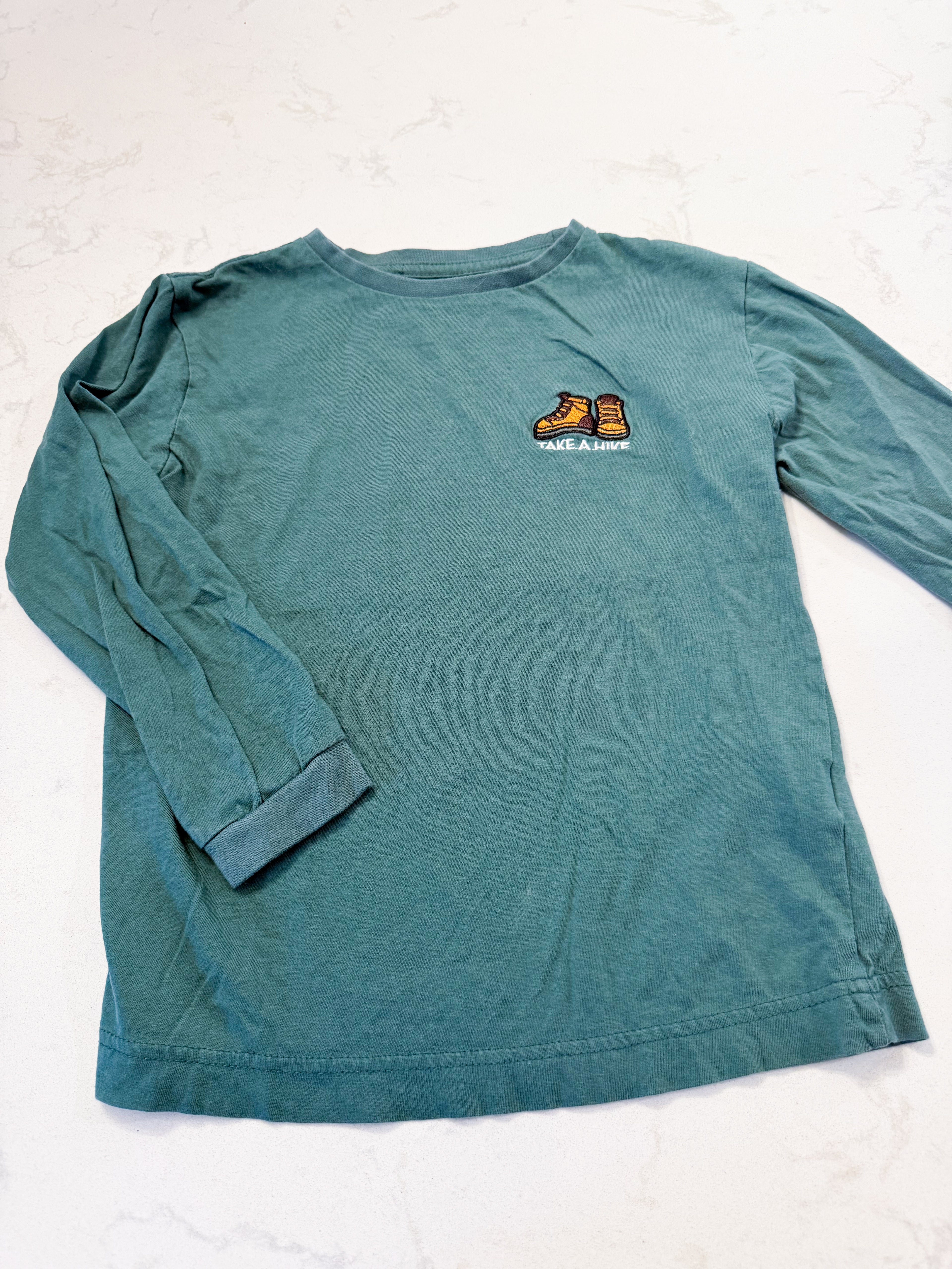 Cabin Fever- 5-6Y- VGUC- long sleeve green shirt with embroidered hiking boots